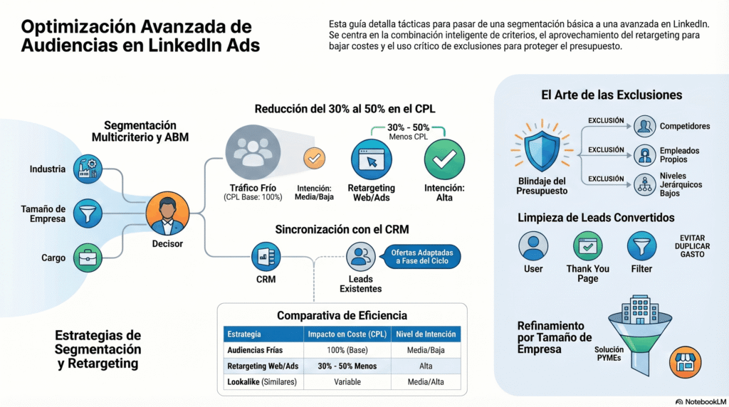 Infografía sobre estrategias de segmentación y retargeting en LinkedIn Ads, con segmentación multicriterio, exclusiones, sincronización con CRM y optimización para reducir el CPL y mejorar la eficiencia.