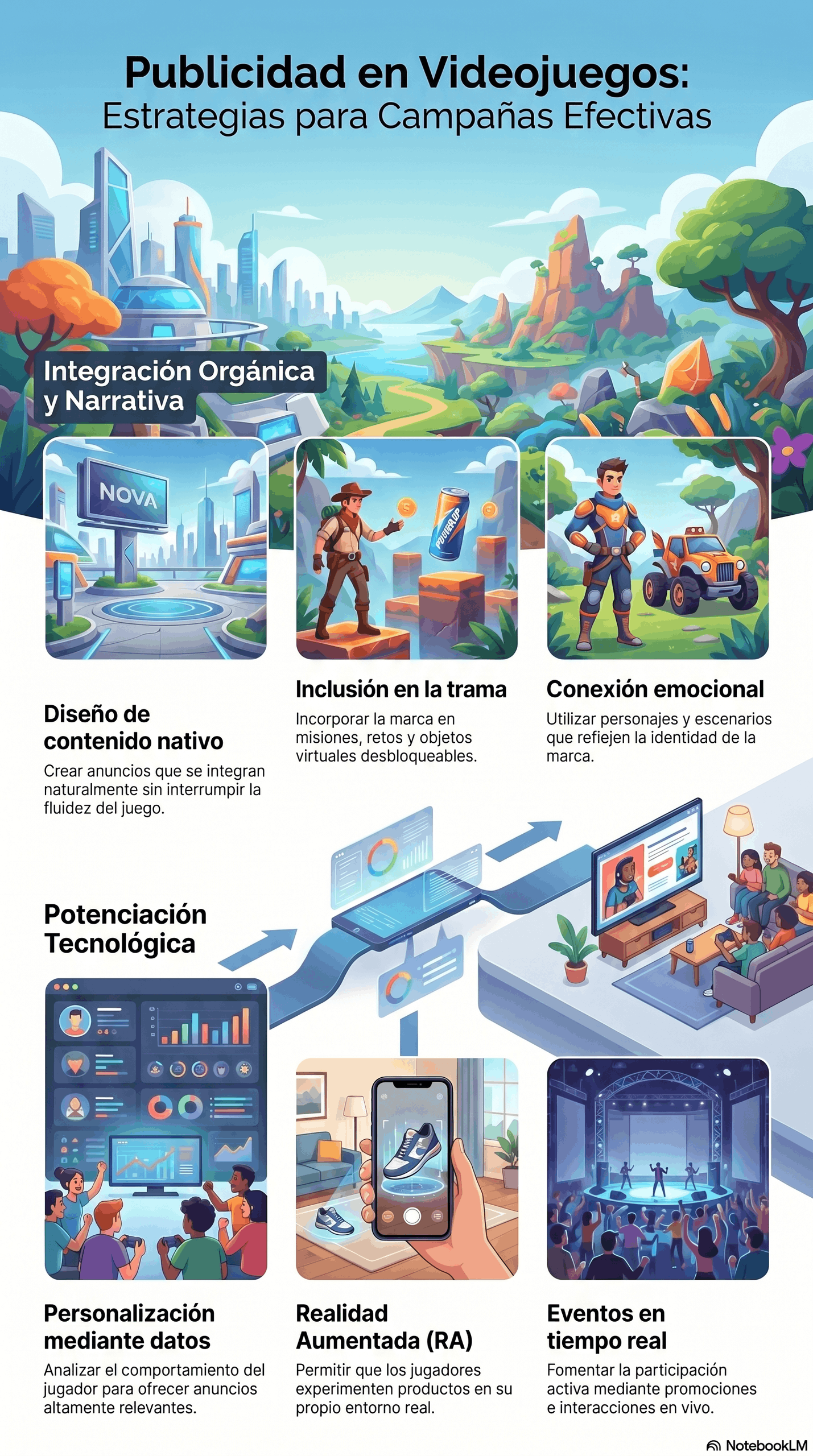 Infografía sobre estrategias de publicidad en videojuegos, con diseño de contenido nativo, inclusión en la trama, conexión emocional, personalización mediante datos, realidad aumentada y eventos en tiempo real.