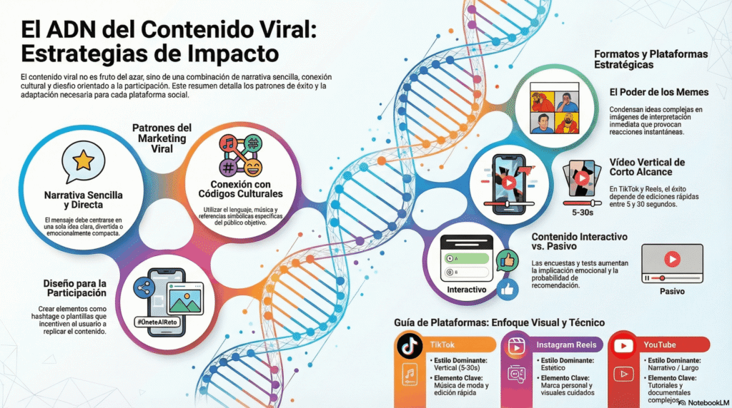Infografía del ADN del contenido viral con estrategias del contenido viral, incluyendo narrativa sencilla, códigos culturales, diseño participativo, memes, videos cortos y guías para TikTok, Instagram Reels y YouTube.