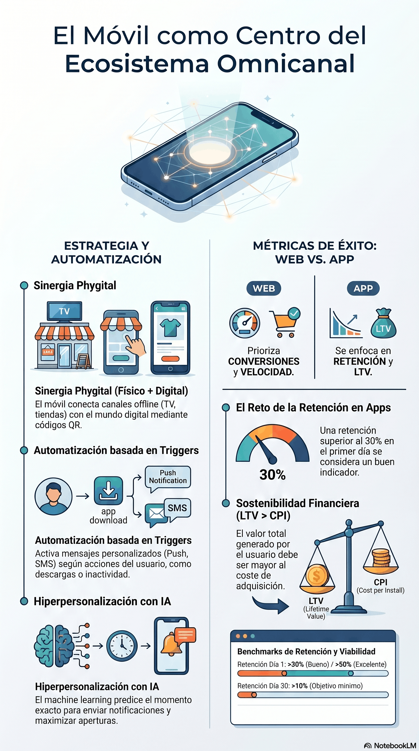 Infografía sobre Estrategias y Herramientas para la Sinergia del Marketing Móvil que muestra el móvil como centro del ecosistema omnicanal, la sinergia phygital, automatización con triggers, hiperpersonalización con IA, métricas de éxito web y app, retención, LTV y sostenibilidad financiera.