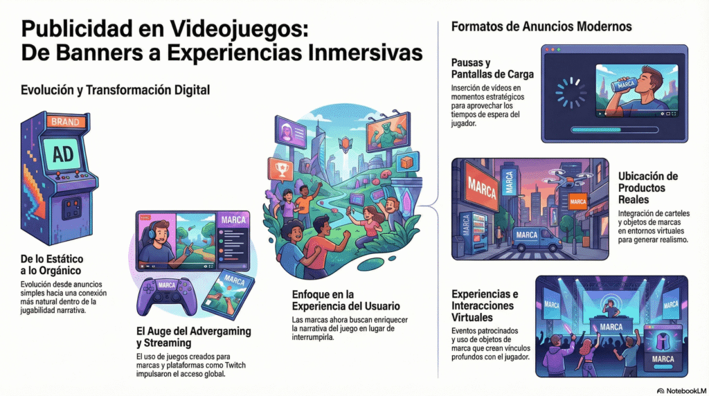 Infografía detallada sobre la Evolución de publicidad en videojuegos, ilustrando la transformación digital desde anuncios estáticos en arcades de los 80 hasta experiencias inmersivas modernas. Incluye secciones como Publicidad en Videojuegos: Inmersivos, Formatos y Anuncios Modernos, con ejemplos de esports, advergaming, streaming en Twitch, influencers y experiencias en realidad virtual. Destaca el auge del marketing en videojuegos, publicidad dinámica en metaversos y campañas interactivas en eSports.