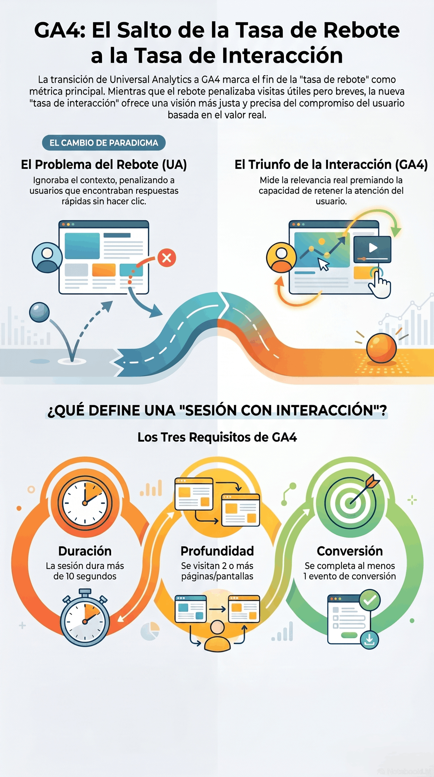 Infografía sobre la evolución de métricas de interacción en GA4, explicando el cambio de la tasa de rebote a la tasa de interacción y los requisitos de una sesión con interacción.