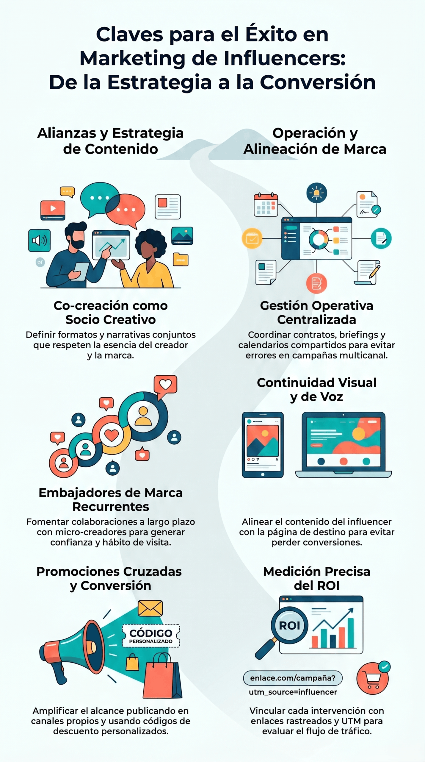 Infografía sobre éxito en marketing de influencers, con alianzas de contenido, embajadores de marca, continuidad visual, promociones cruzadas y medición precisa del ROI.