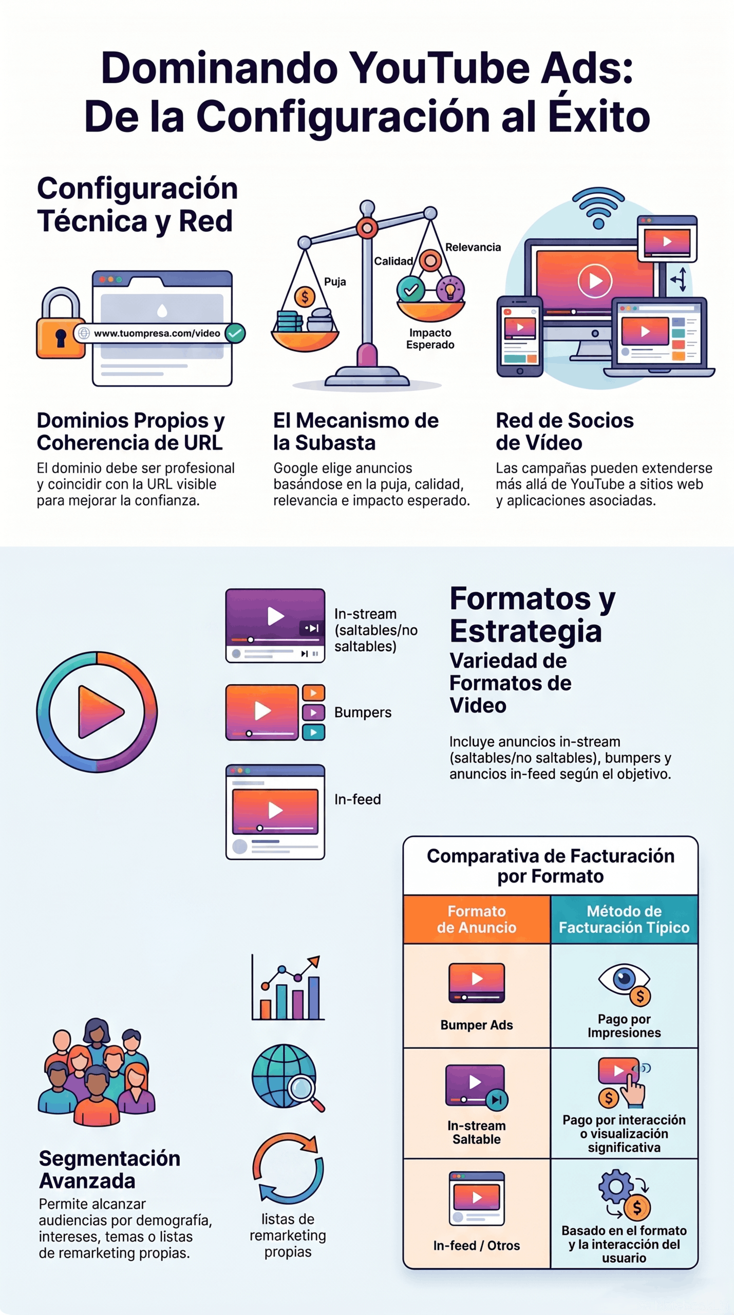 Infografía sobre Éxito en Publicidad de Video que explica YouTube Ads, desde la configuración técnica y la red de socios hasta formatos de anuncios, segmentación avanzada y facturación por formato.