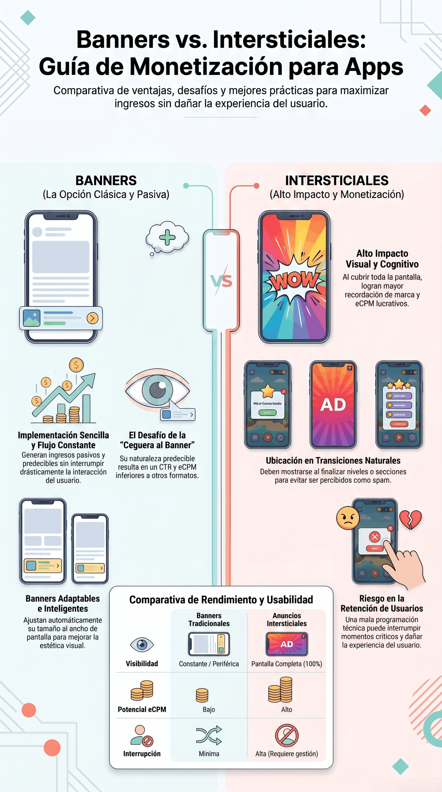 Infografía comparativa sobre Guía: Banners vs. Anuncios Intersticiales, con ventajas, desventajas y buenas prácticas para monetizar aplicaciones sin afectar la experiencia del usuario.