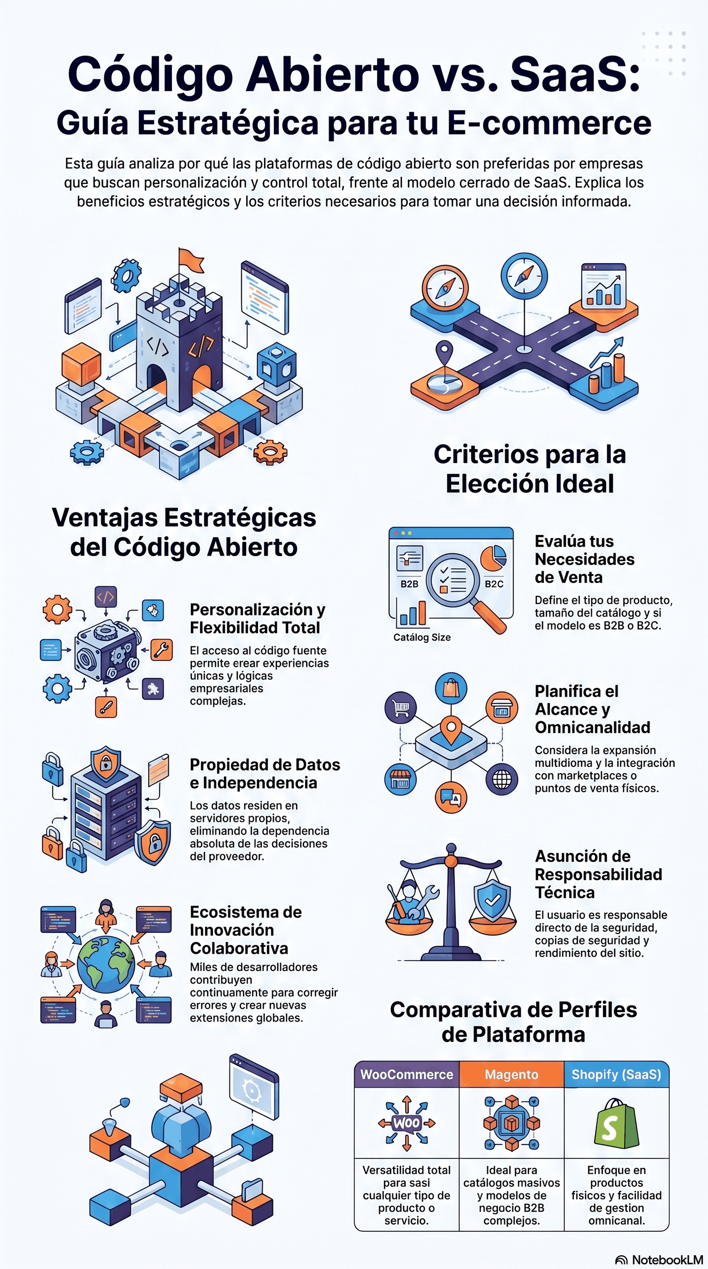 Infografía de la Guía: Código Abierto vs. SaaS que compara plataformas open source y SaaS para eCommerce, destacando personalización, control de datos, criterios de elección, omnicanalidad y perfiles de plataformas como WooCommerce, Magento y Shopify.