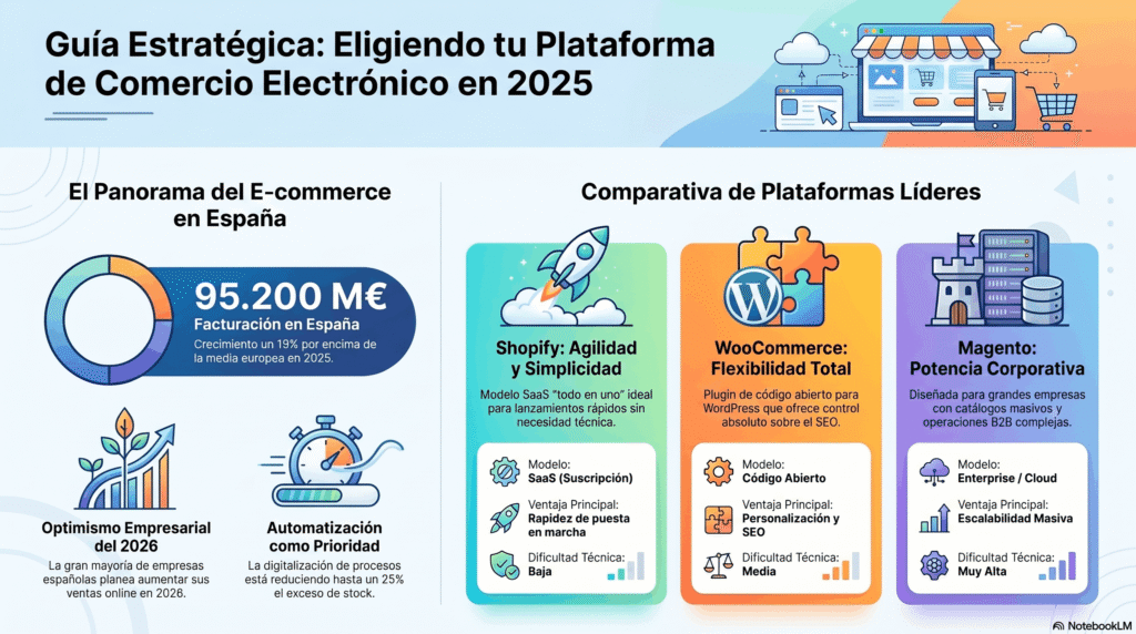 Infografía de la Guía Plataformas Venta Online 2025 con análisis del panorama del ecommerce en España y comparativa de Shopify, WooCommerce y Magento para elegir la mejor plataforma de comercio electrónico.