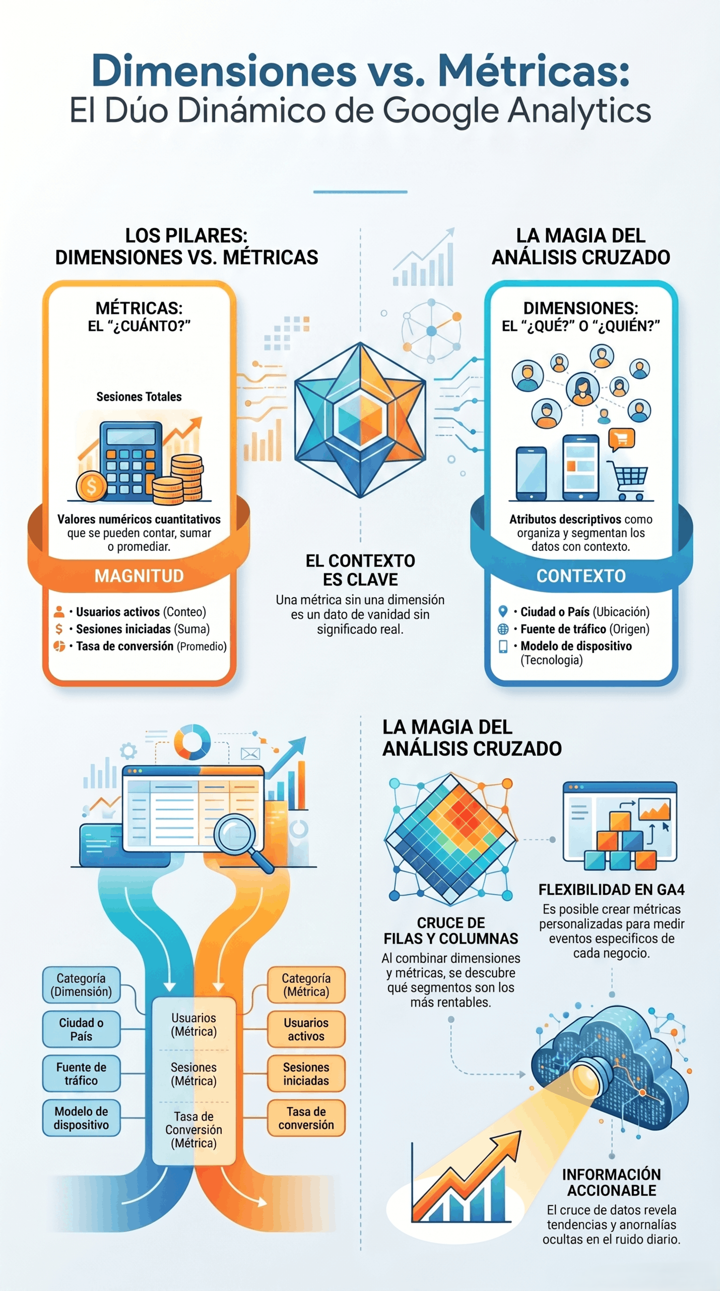 Infografía sobre la guía de dimensiones y métricas en Google Analytics, con ejemplos de métricas, dimensiones, análisis cruzado, contexto y cruces de datos para obtener información accionable.