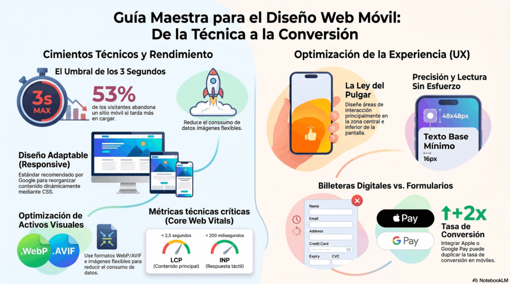 Infografía de la guía de diseño web móvil, con consejos sobre diseño responsive, velocidad de carga, UX, métricas Core Web Vitals, optimización de imágenes y conversión en móviles.