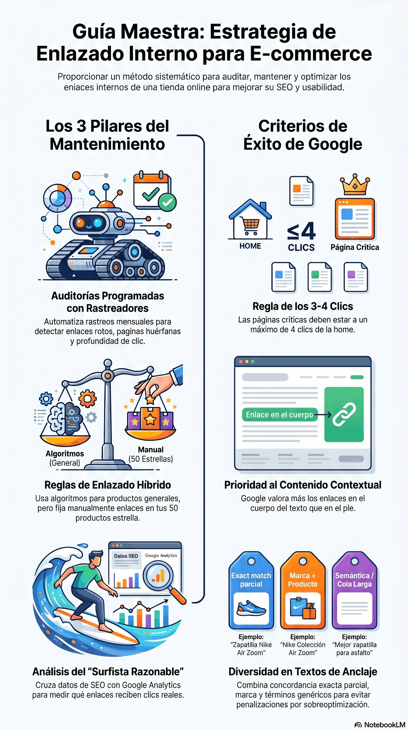 Guía de Enlazado para E-commerce con una infografía sobre los 3 pilares del mantenimiento, reglas de enlazado híbrido, auditorías programadas, criterio de 3-4 clics, prioridad al contenido contextual y diversidad en textos de anclaje para mejorar el SEO.