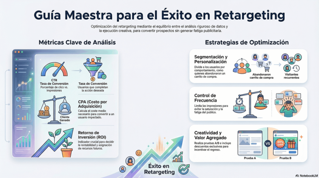 Infografía sobre la guía de éxito en retargeting, con métricas clave como CTR, CPA y ROI, además de estrategias de segmentación, control de frecuencia y creatividad publicitaria.