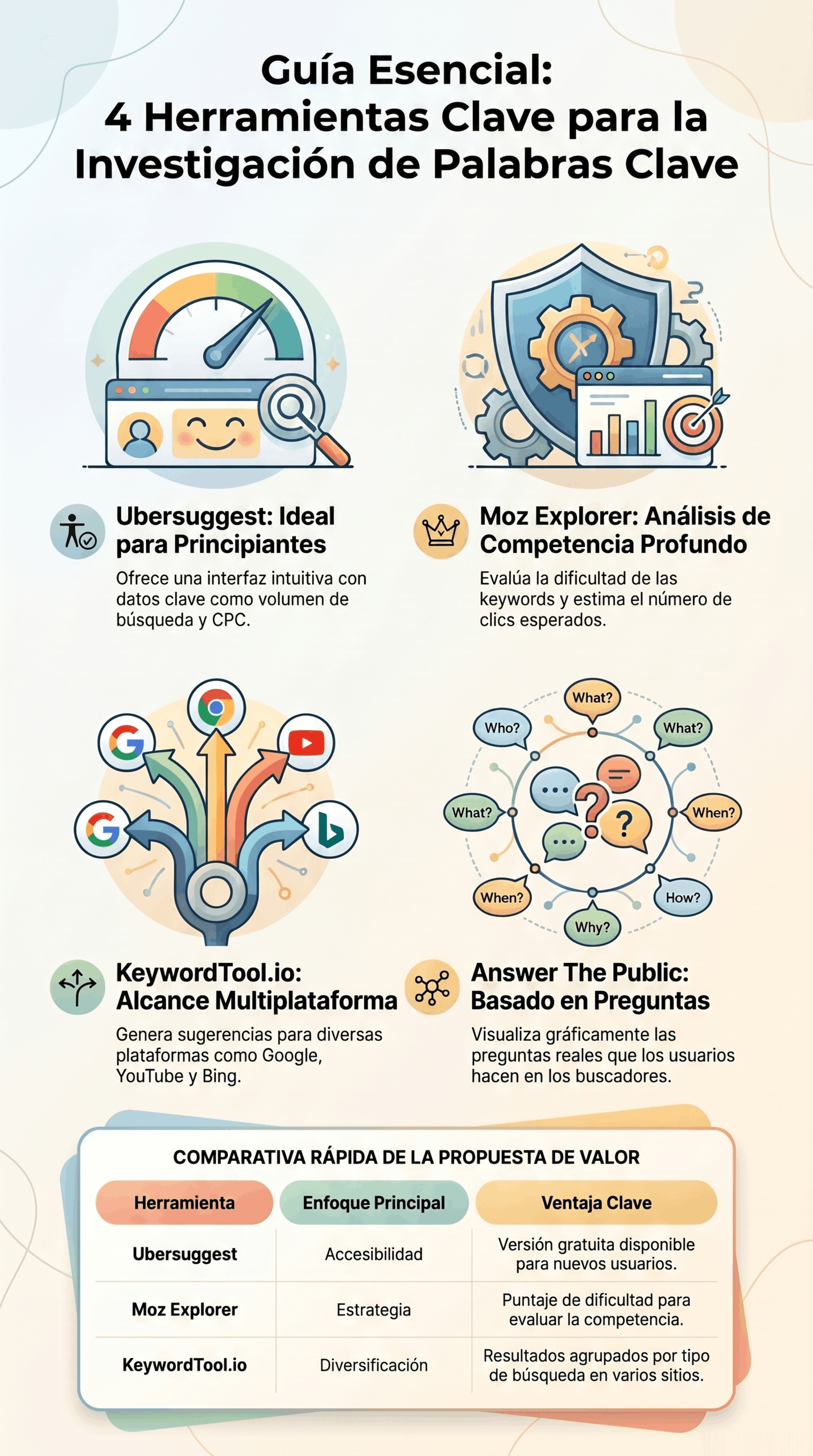 Guía de Herramientas SEO Clave con Ubersuggest, Moz Explorer, KeywordTool.io y Answer The Public para analizar palabras clave y competencia.