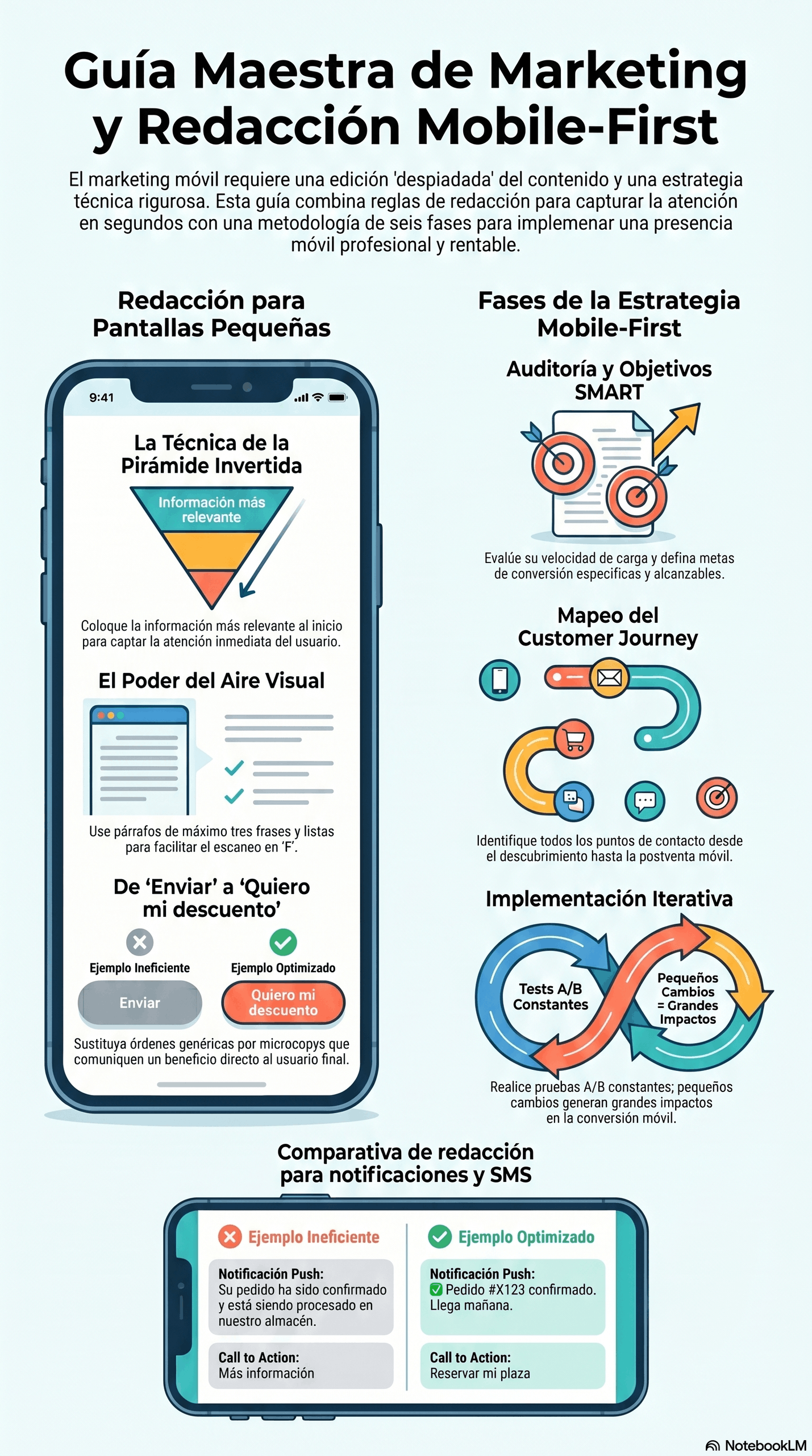 Infografía titulada Guía de Marketing Mobile-First que muestra una estrategia de redacción para pantallas pequeñas, técnica de pirámide invertida, aire visual, microcopy optimizado, mapeo del customer journey, auditoría SMART e implementación iterativa para mejorar conversiones móviles.