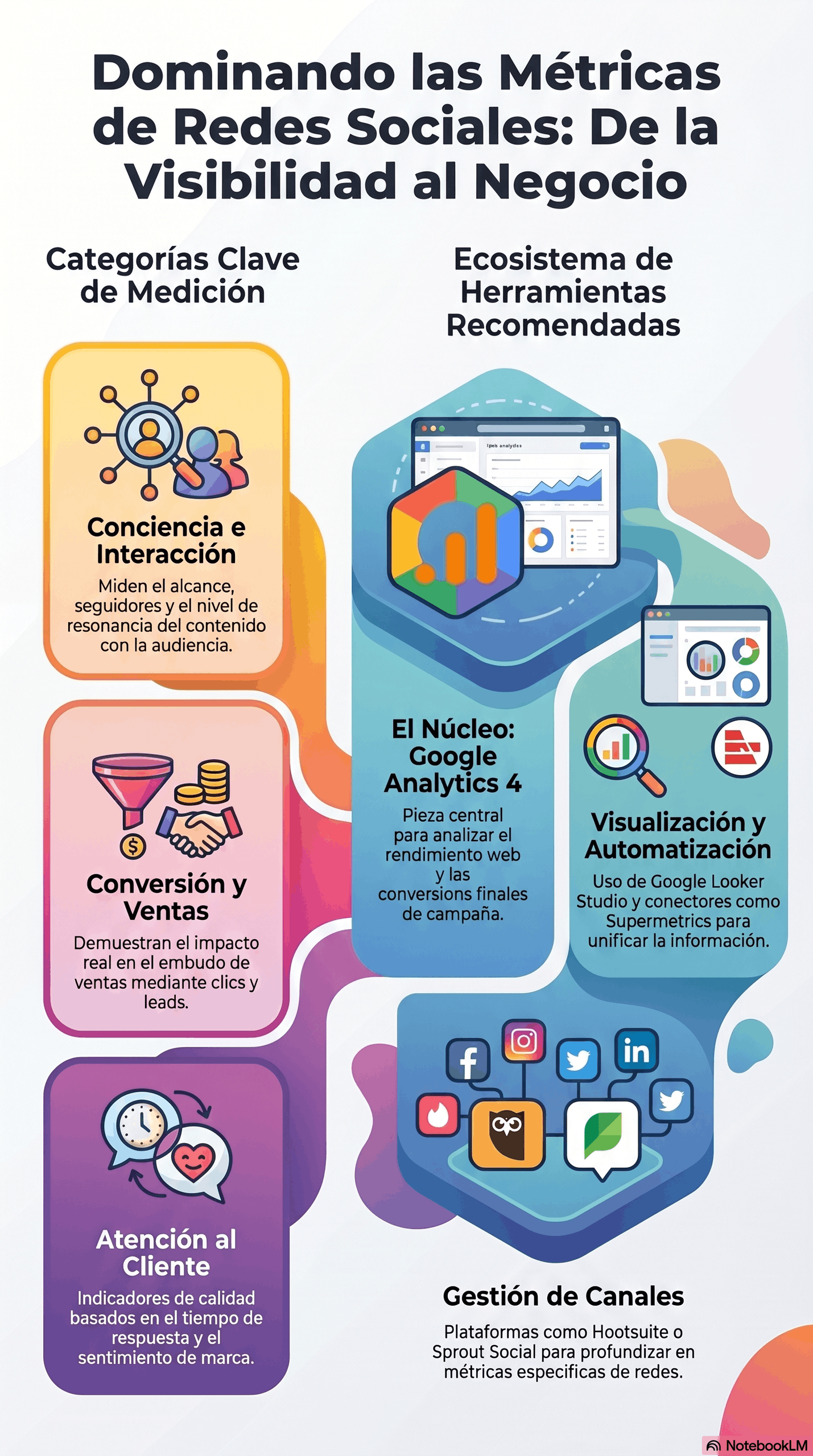 Infografía titulada "Guía de Métricas en Redes" que muestra categorías clave de medición (conciencia e interacción, conversión y ventas, atención al cliente), el ecosistema de herramientas recomendado (Google Analytics 4, visualización y automatización) y consejos de gestión de canales para transformar métricas de redes sociales en resultados de negocio.