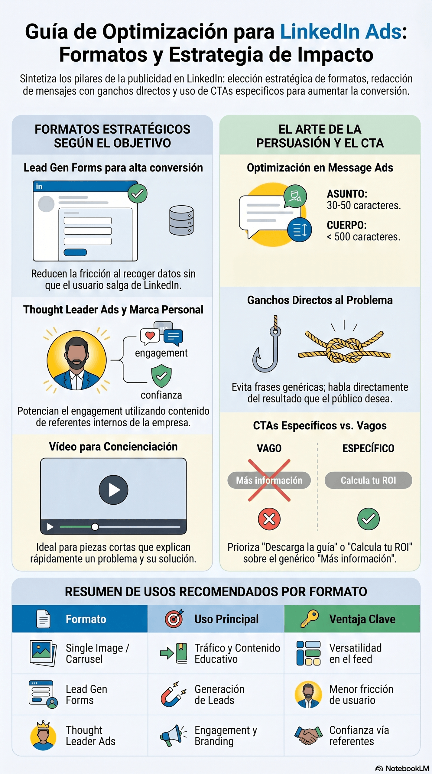 Infografía de guía de optimización publicitaria profesional para LinkedIn Ads, con formatos estratégicos según el objetivo, Lead Gen Forms, Thought Leader Ads, vídeo para concienciación, ganchos directos, CTAs específicos y resumen de usos recomendados por formato.