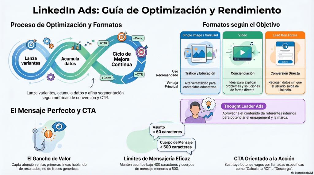 Infografía de una guía de optimización de anuncios en LinkedIn Ads, con proceso de mejora continua, formatos según el objetivo, mensajes efectivos y recomendaciones de CTA para aumentar el rendimiento.