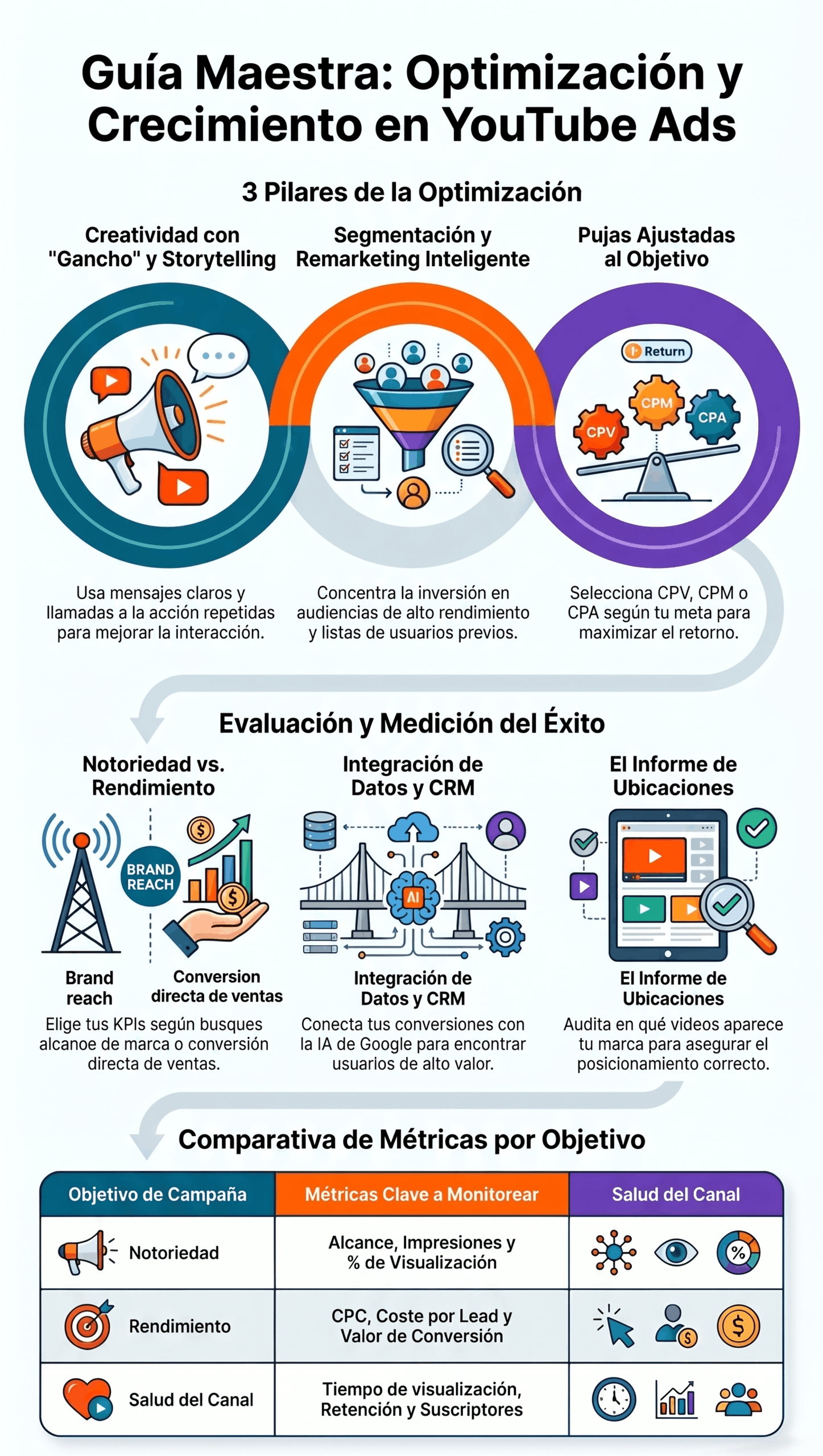 Infografía de la Guía de Optimización de Anuncios con tres pilares clave: creatividad, segmentación y pujas ajustadas, junto con evaluación del éxito, integración de datos y métricas por objetivo.