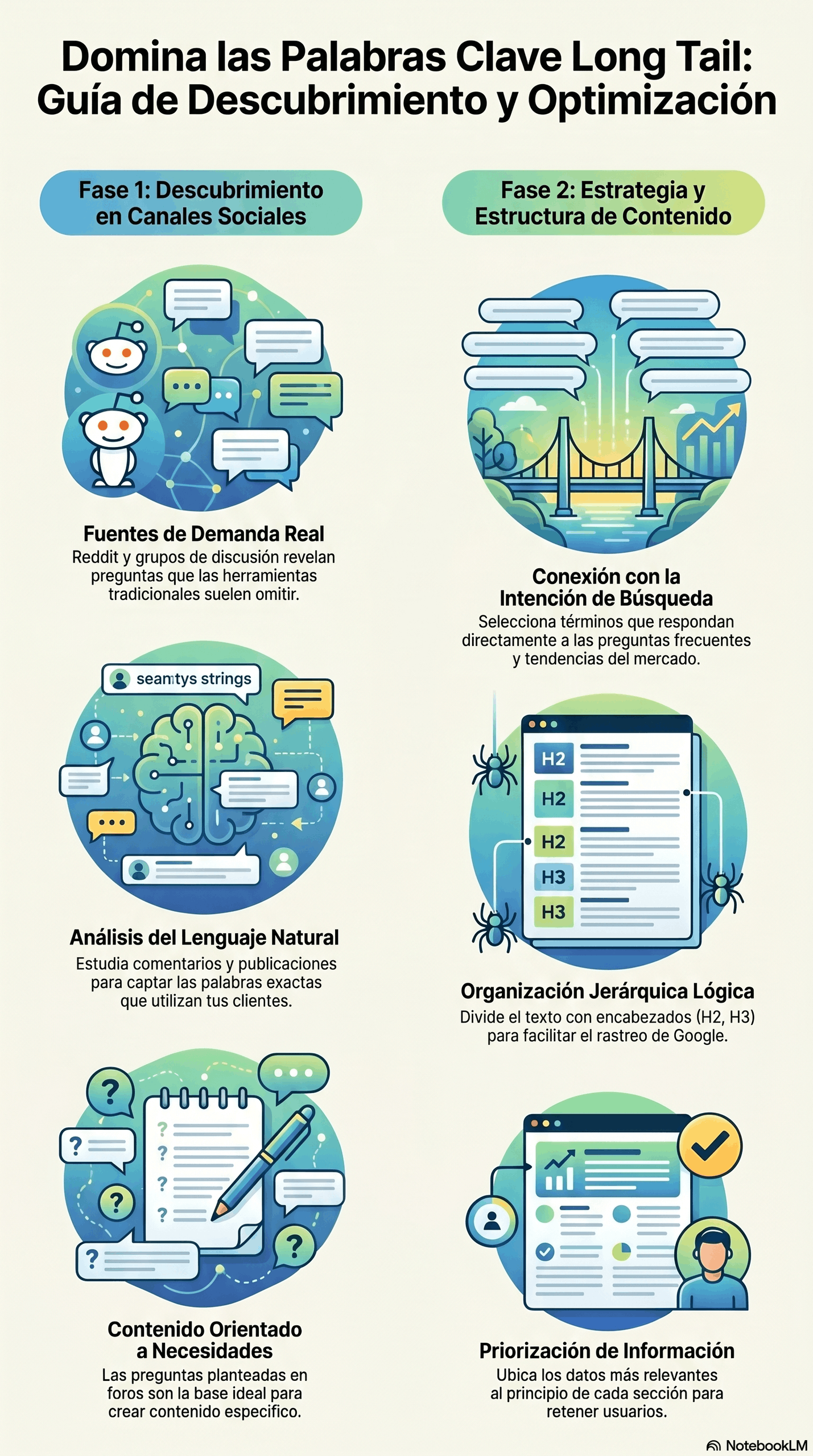 Infografía de una guía de palabras clave long tail con fases de descubrimiento, intención de búsqueda, análisis de lenguaje natural, estructura jerárquica y priorización de información para mejorar el SEO.