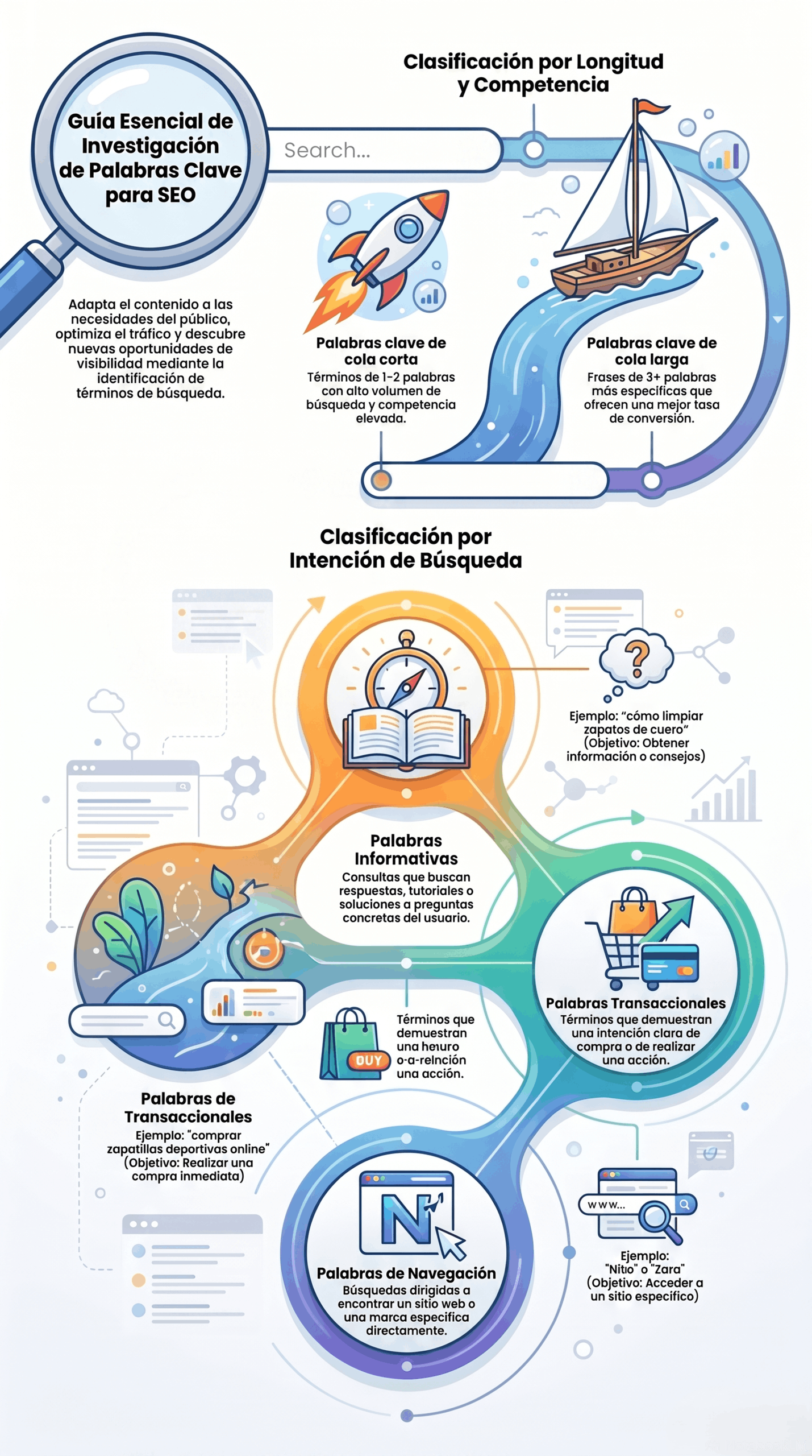 Guía de Palabras Clave SEO con clasificación por longitud, competencia e intención de búsqueda, incluyendo palabras clave informativas, transaccionales y de navegación.