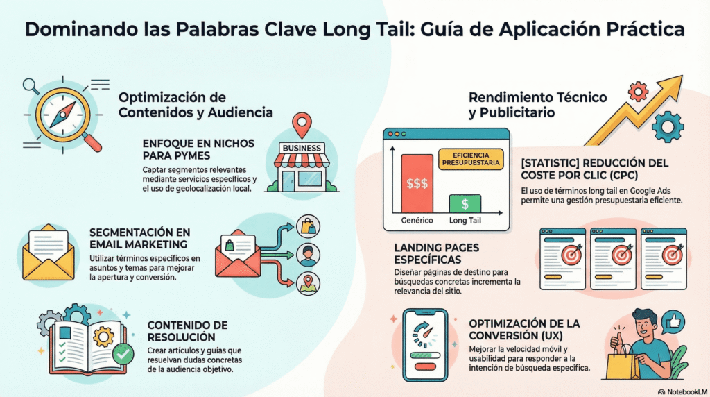 Infografía sobre guía de palabras Long Tail con aplicaciones prácticas para SEO, mostrando optimización de contenidos, segmentación en email marketing, landing pages específicas, reducción de CPC y mejora de la conversión UX.