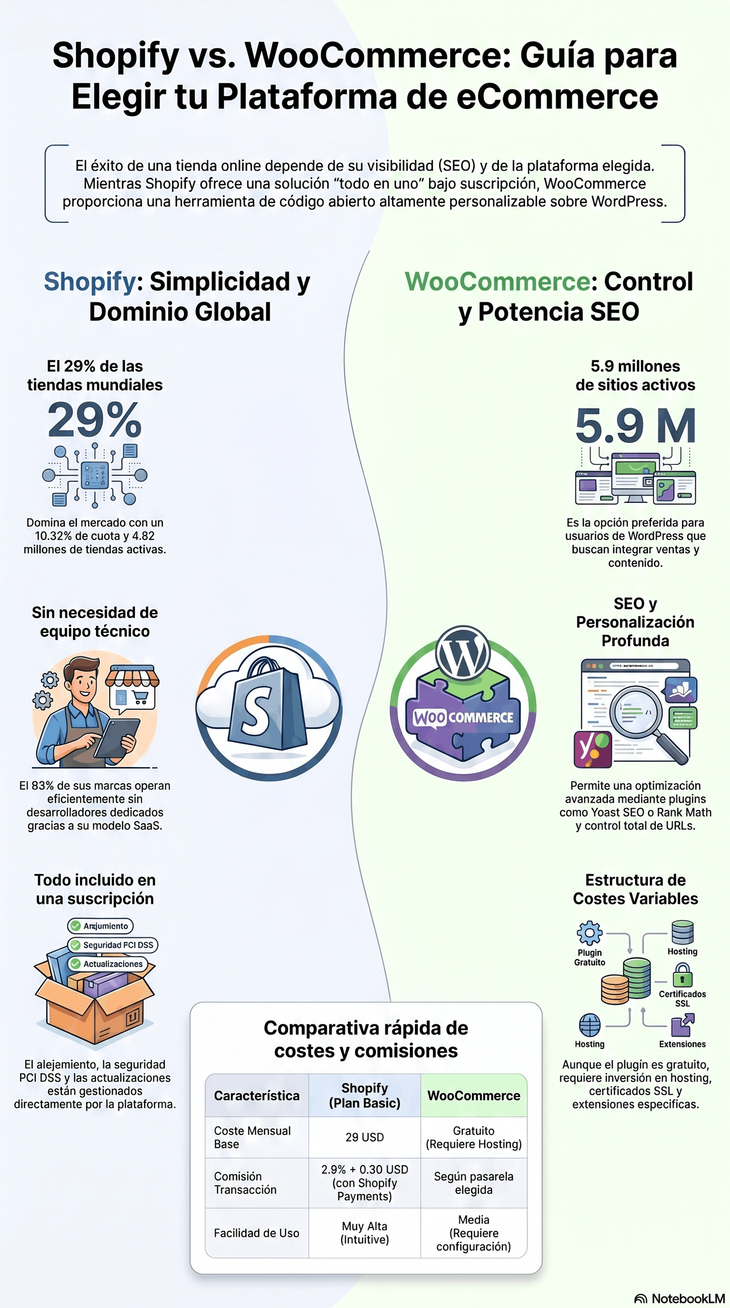 Infografía comparativa sobre la Guía de Plataformas de eCommerce entre Shopify y WooCommerce, destacando facilidad de uso, SEO, costes, personalización y requisitos técnicos para elegir la mejor plataforma online.