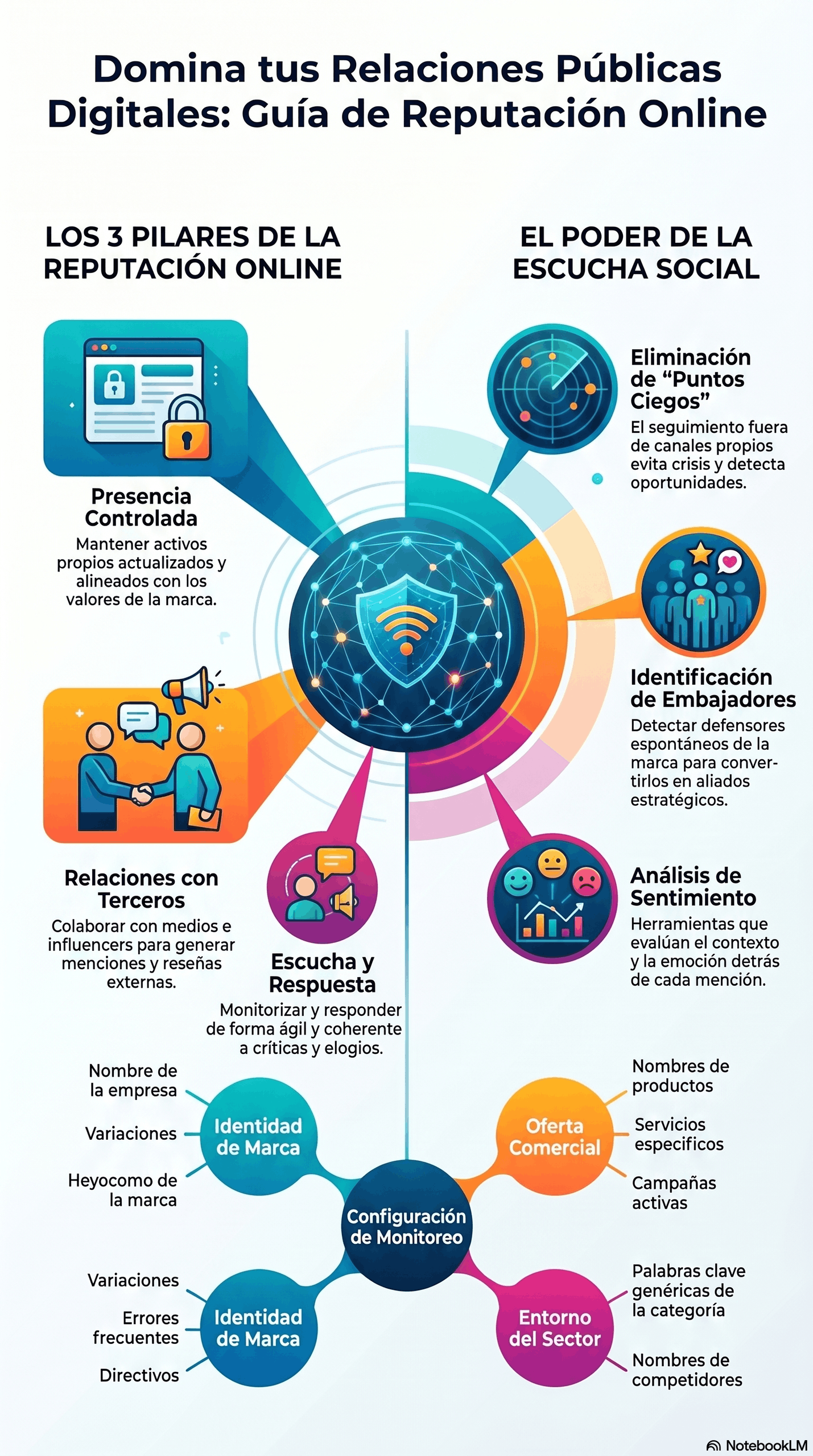 Infografía de la Guía de Reputación Online Digital con los pilares de la reputación, escucha social, análisis de sentimiento, relaciones con terceros y monitoreo de marca.
