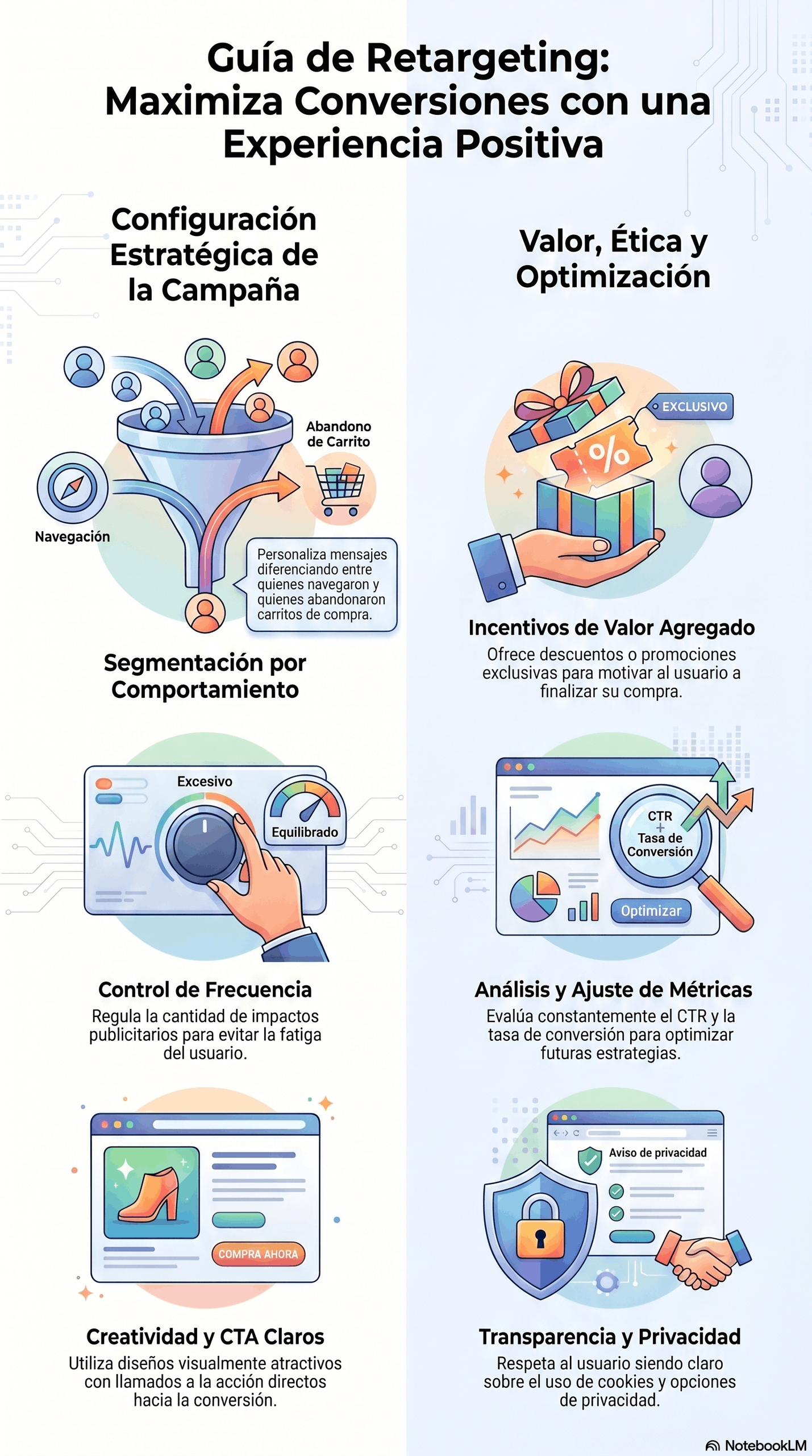 Infografía de guía de retargeting estratégico con configuración de campaña, segmentación por comportamiento, control de frecuencia, análisis de métricas, creatividad con CTA claros y transparencia en privacidad para maximizar conversiones.