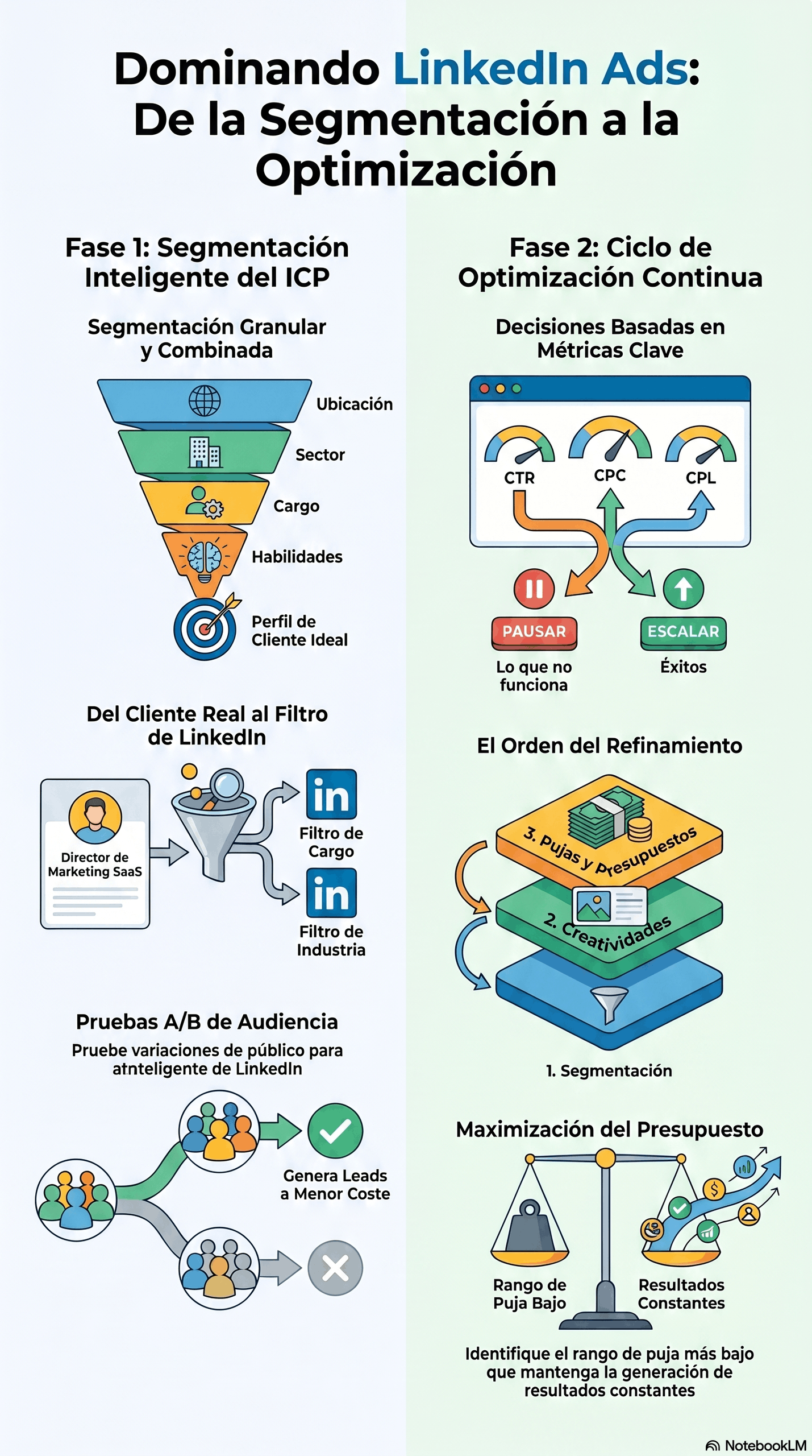 Infografía titulada "Guía de Segmentación y Optimización" que muestra fases de segmentación inteligente del ICP, ciclo de optimización continua (CTR, CPC, CPL), pruebas A/B de audiencia, orden de refinamiento (segmentación, creatividades, pujas) y recomendaciones para maximizar presupuesto en LinkedIn Ads.