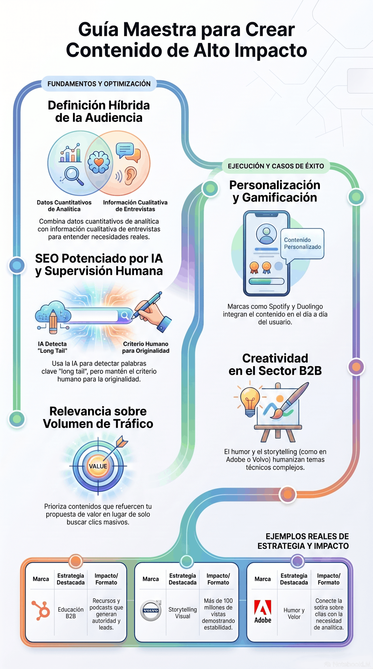 Infografía titulada "Guía Maestra para Crear Contenido de Alto Impacto" que ilustra el Ciclo Estratégico con secciones sobre definición híbrida de la audiencia, SEO potenciado por IA y supervisión humana, relevancia sobre volumen de tráfico, personalización y gamificación, y creatividad en B2B; diseño con iconos, móvil y embudos para representar la Guía de contenido de impacto.