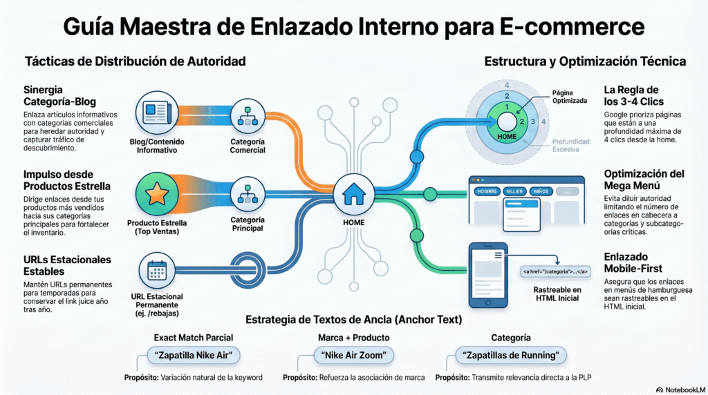 Infografía sobre la Guía de enlazado para e-commerce que explica la arquitectura interna, la transferencia de autoridad y la optimización del SEO en una tienda online.