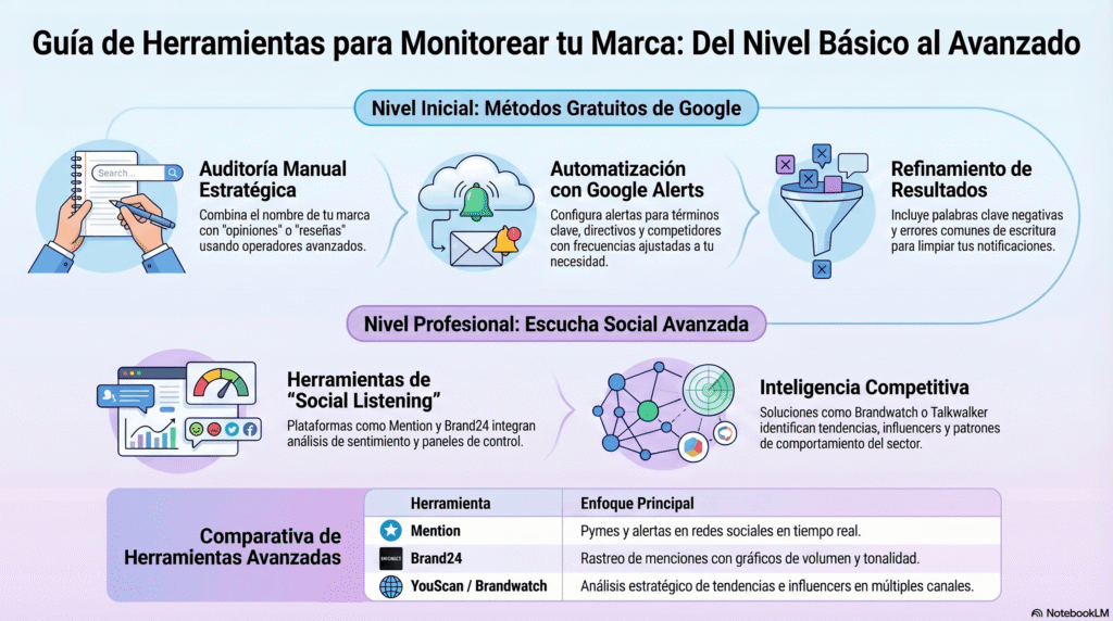Infografía sobre guía de monitoreo de marca, que presenta métodos gratuitos de Google, alertas automatizadas, social listening e inteligencia competitiva para seguir menciones, analizar tendencias y optimizar la reputación online.