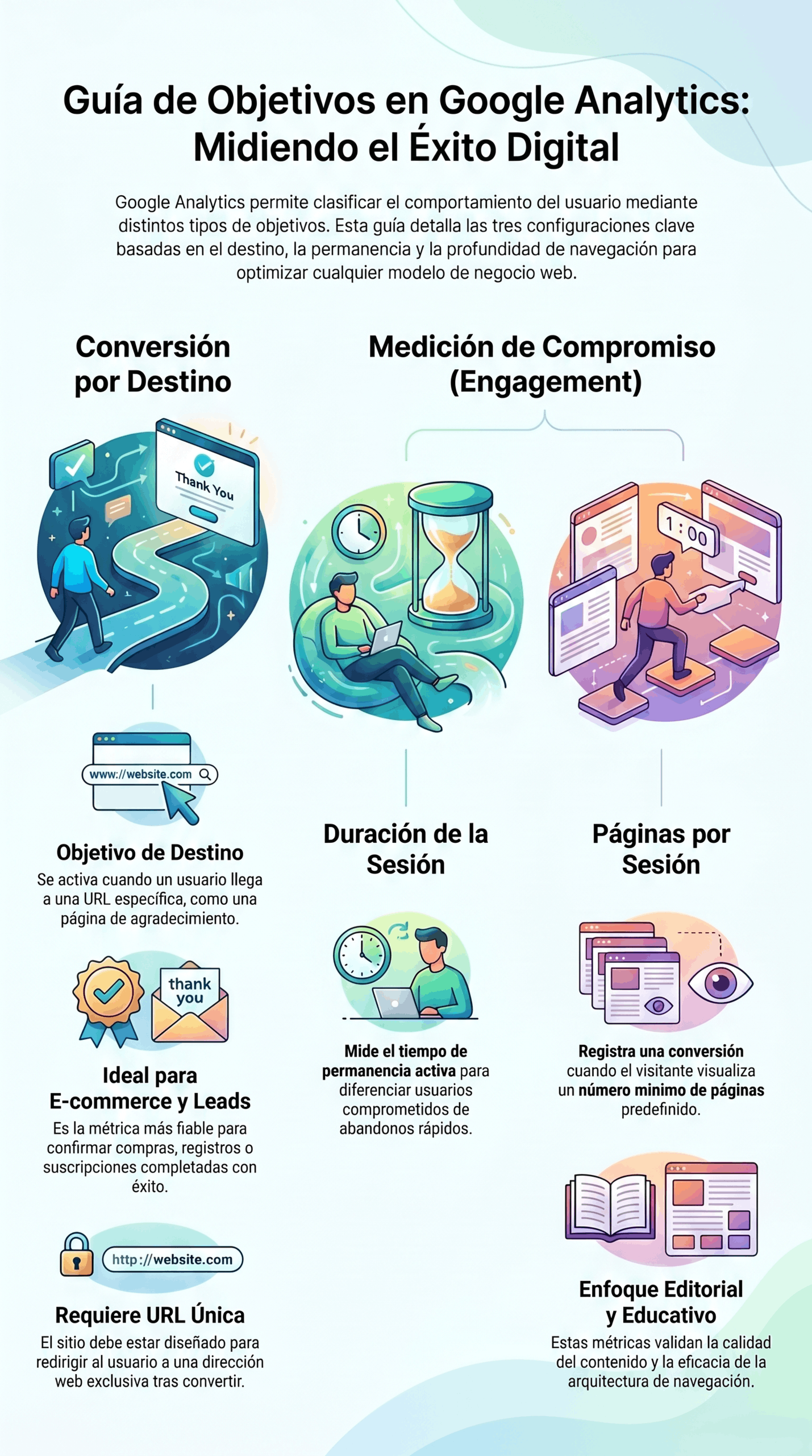 Infografía sobre guía de objetivos en analítica, con tipos de conversión por destino, duración de la sesión y páginas por sesión para medir el rendimiento digital.