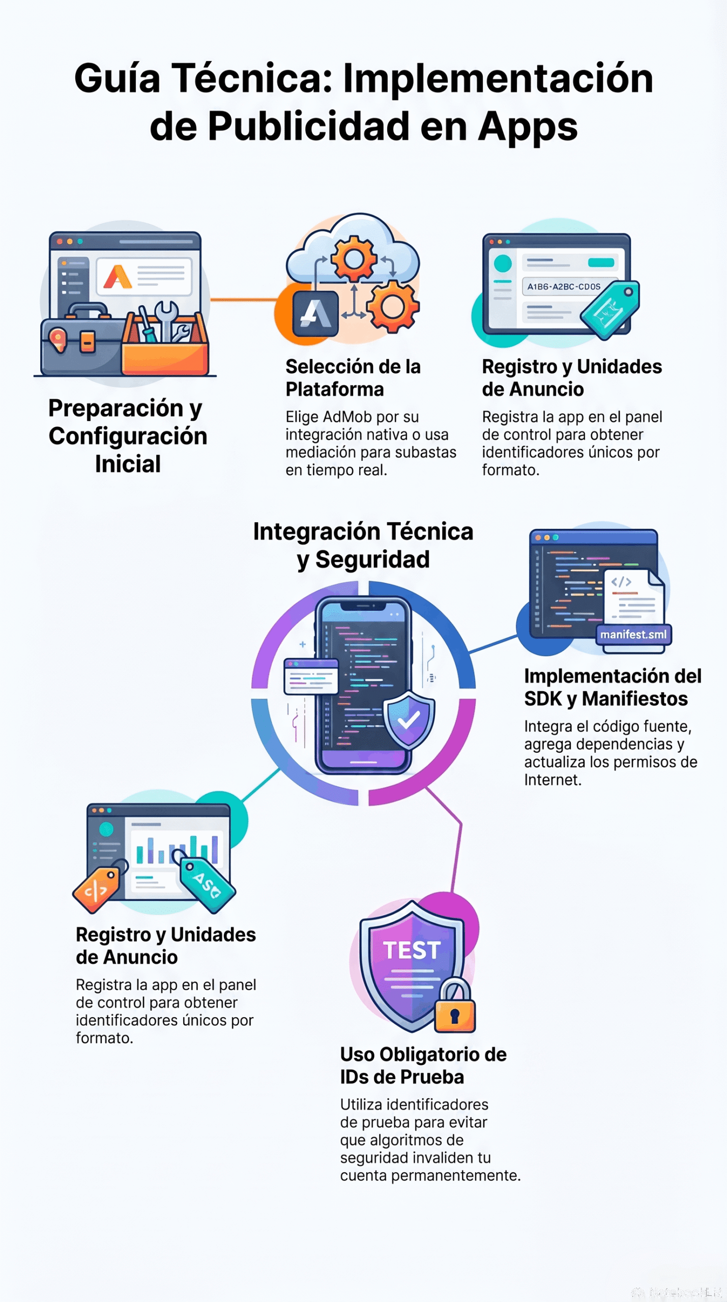 Infografía de la guía de publicidad en apps con pasos para preparación, selección de plataforma, registro de unidades de anuncio, integración del SDK y uso de IDs de prueba.