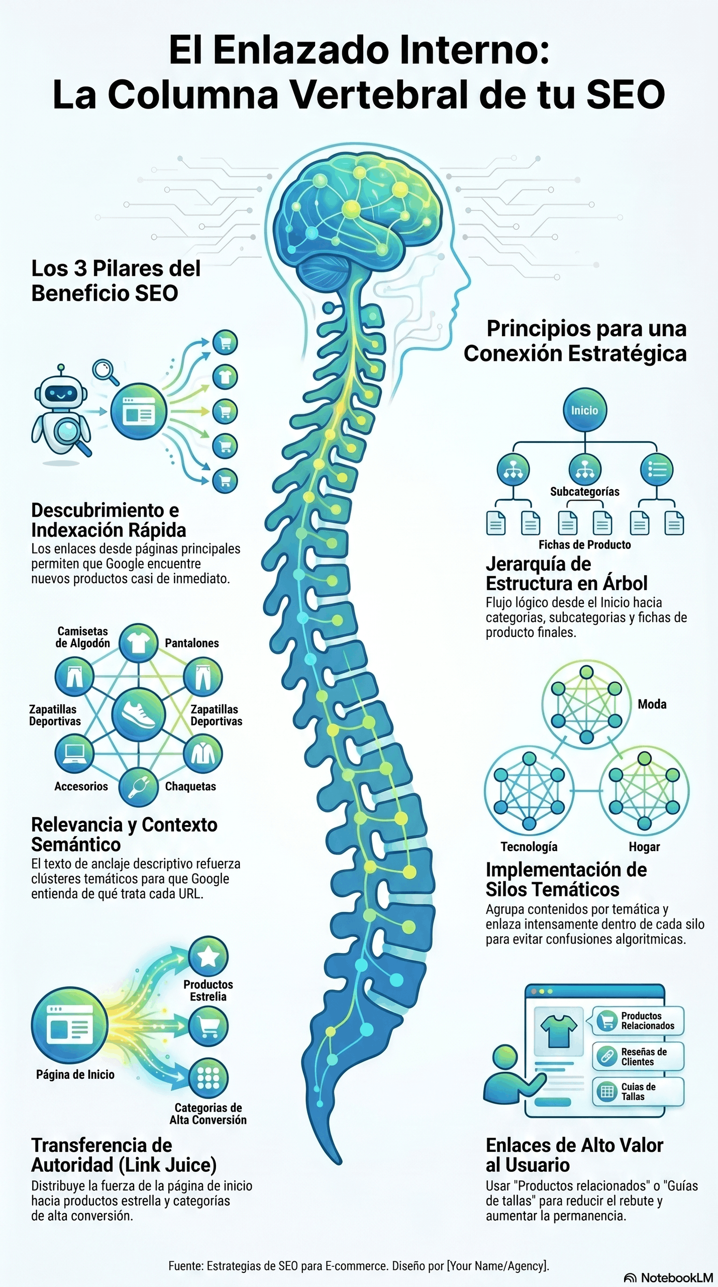 Guía del Enlazado Interno SEO con una infografía sobre pilares del enlazado interno, jerarquía en árbol, silos temáticos, relevancia semántica y transferencia de autoridad para e-commerce.