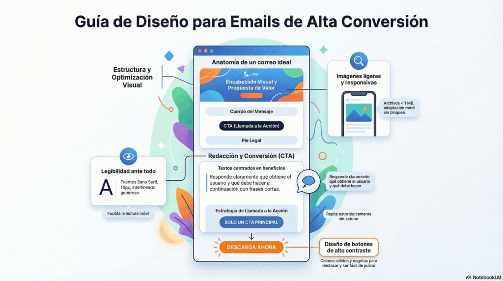 Infografía "Guía diseño emails alta conversión" que presenta la estructura visual óptima para emails de alta conversión, incluyendo anatomía del correo, diseño de CTA, y mejores prácticas como legal al inicio, reducir copy en CTA, botón destacado, diseño responsive y espaciado adecuado. Este diagrama con elementos como encabezado, cuerpo y pie guía en la creación de campañas de email marketing efectivas para maximizar tasas de apertura y clics.