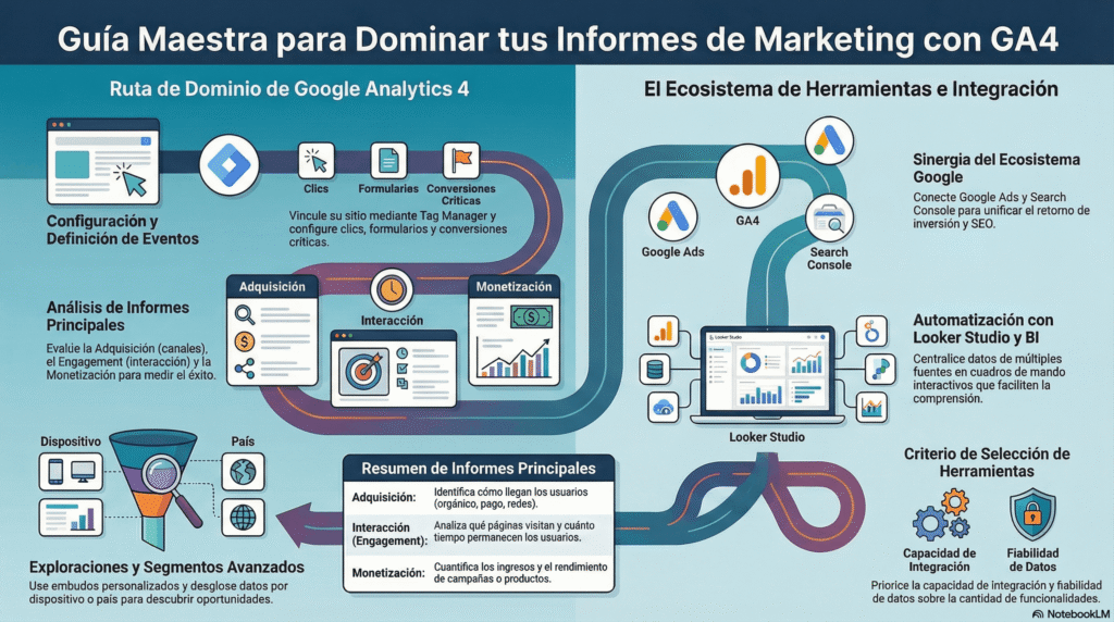 Infografía de la guía maestra de informes analíticos para marketing digital con Google Analytics 4, que muestra configuración de eventos, análisis de adquisición, interacción y monetización, integración con Google Ads, Search Console y Looker Studio, además de exploraciones avanzadas y criterios para seleccionar herramientas de análisis.