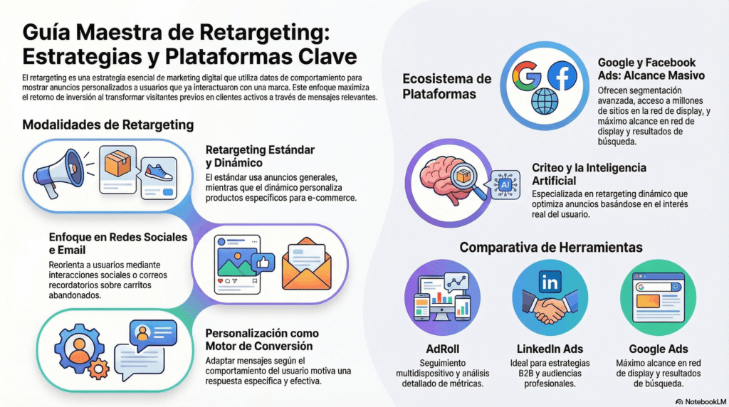 Infografía sobre la guía maestra de retargeting, con modalidades, plataformas como Google y Facebook Ads, inteligencia artificial y comparación de herramientas de marketing digital.