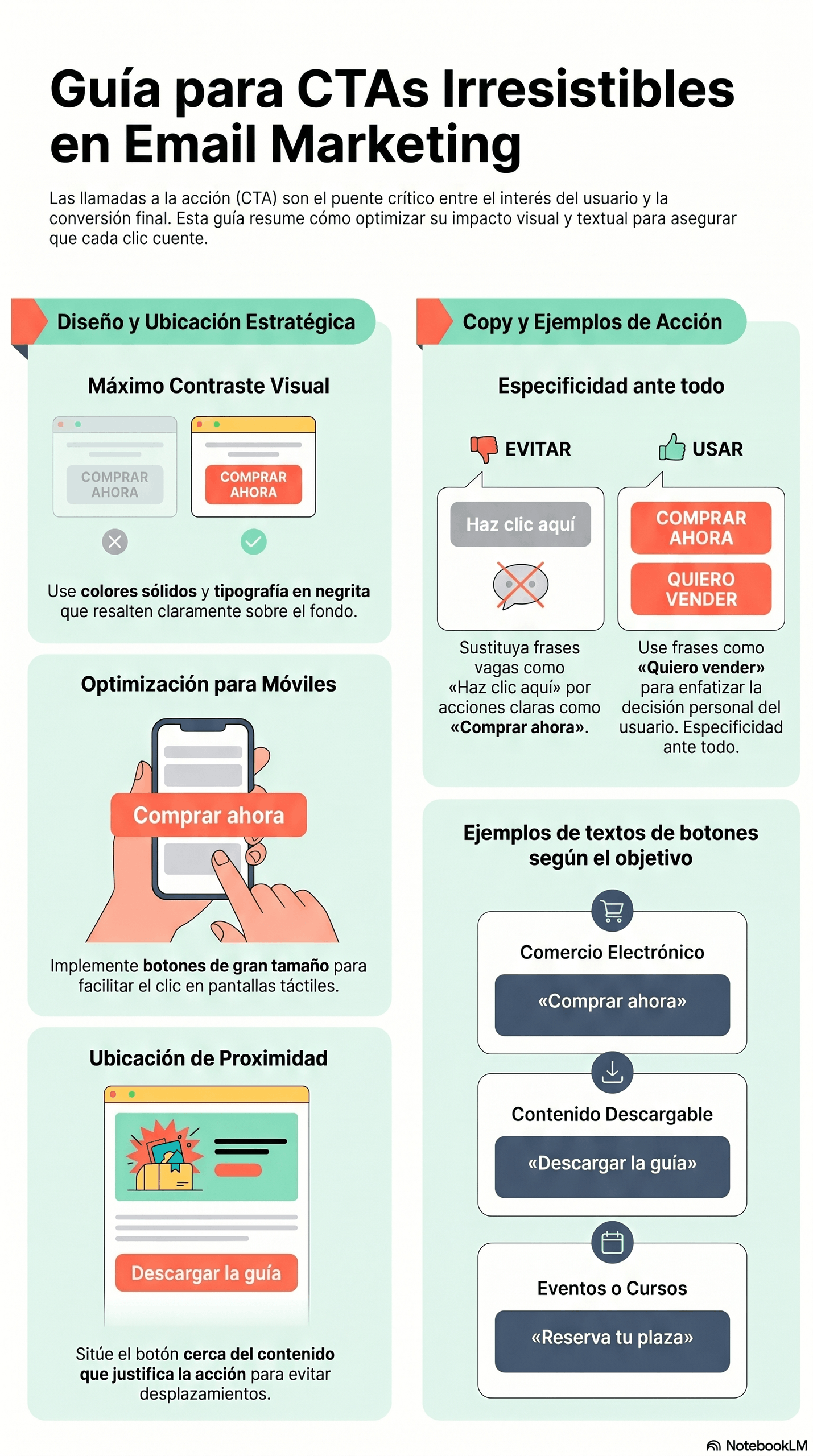 Infografía sobre Guía para CTAs en Email con consejos para diseñar llamadas a la acción efectivas: máximo contraste visual, copy específico, optimización para móviles, ubicación estratégica y ejemplos de botones según el objetivo.