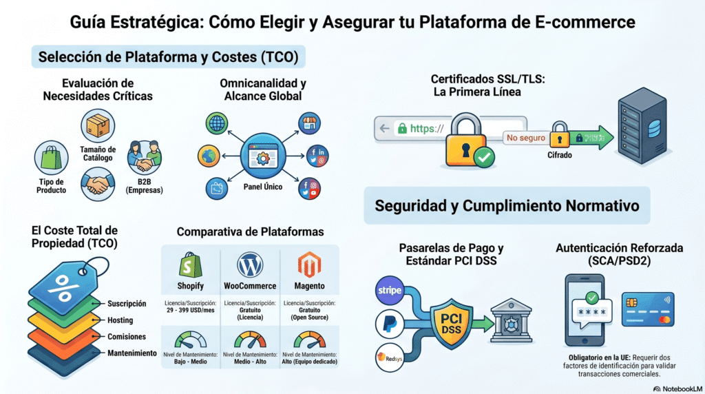 Infografía de la guía para plataformas e-commerce con criterios de selección, cálculo del TCO, comparativa de Shopify, WooCommerce y Magento, y recomendaciones de seguridad, SSL/TLS, PCI DSS y autenticación reforzada.
