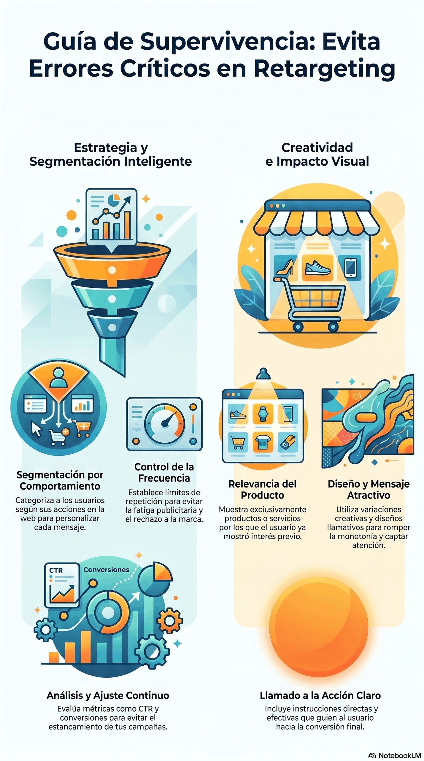Infografía sobre guía para un retargeting exitoso, con segmentación por comportamiento, control de frecuencia, relevancia del producto, diseño y mensaje atractivo, análisis continuo y llamado a la acción claro para aumentar conversiones.