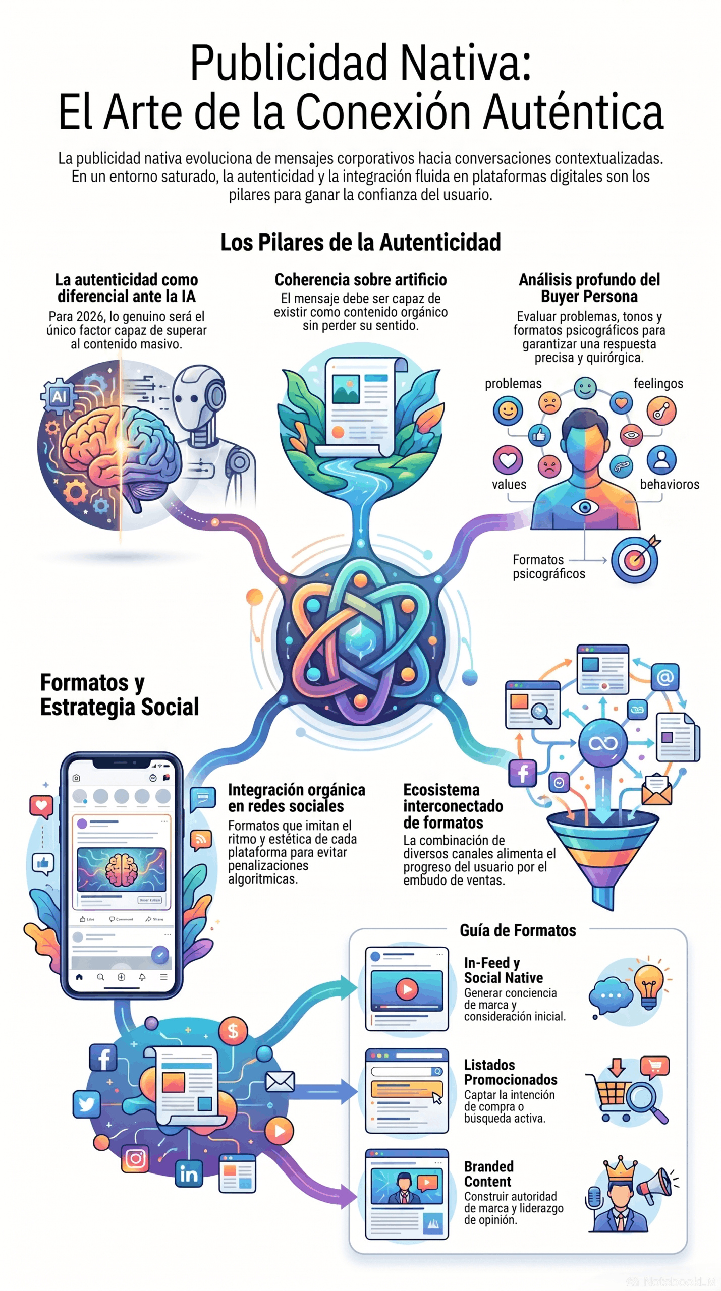 Infografía de la Guía sobre Publicidad Nativa Auténtica que explica los pilares de la autenticidad, la integración orgánica en redes sociales y los formatos nativos más efectivos.