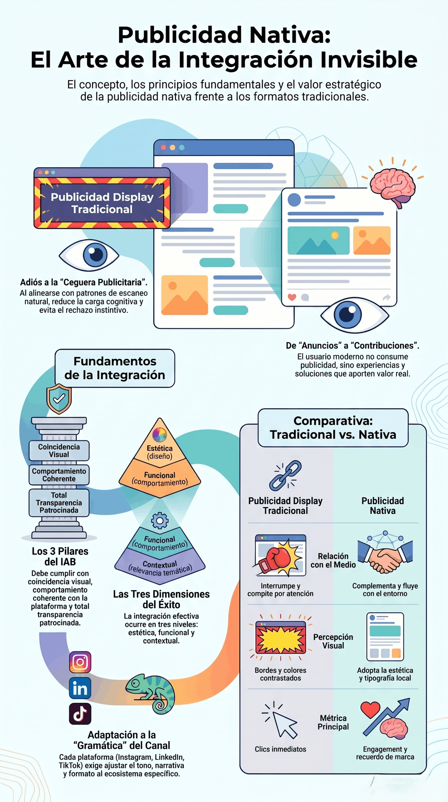 Infografía titulada “Guía sobre la publicidad nativa” que explica qué es la publicidad nativa, sus principios, comparación con la publicidad tradicional y claves de integración visual y contextual.