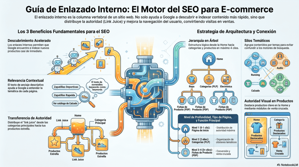 Infografía explicativa que ilustra los beneficios, la arquitectura de silos temáticos y la transferencia de autoridad (Link Juice) según la Guía de enlazado interno e-commerce para optimizar el posicionamiento SEO.