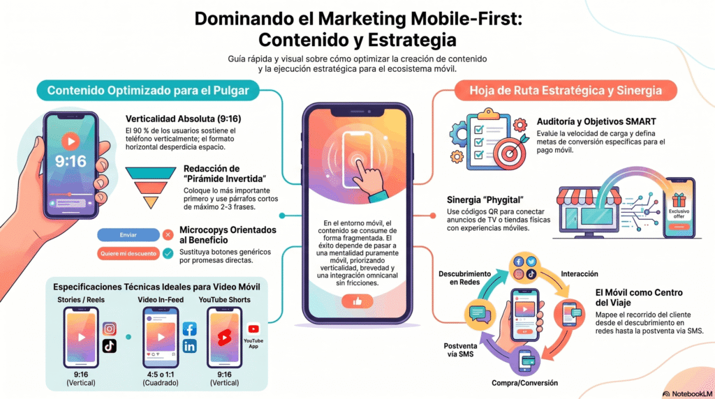 Infografía de marketing mobile-first con guía estratégica sobre contenido optimizado para móvil, verticalidad 9:16, microcopy, video móvil, auditoría SMART, sinergia phygital y conversión en el recorrido del cliente.