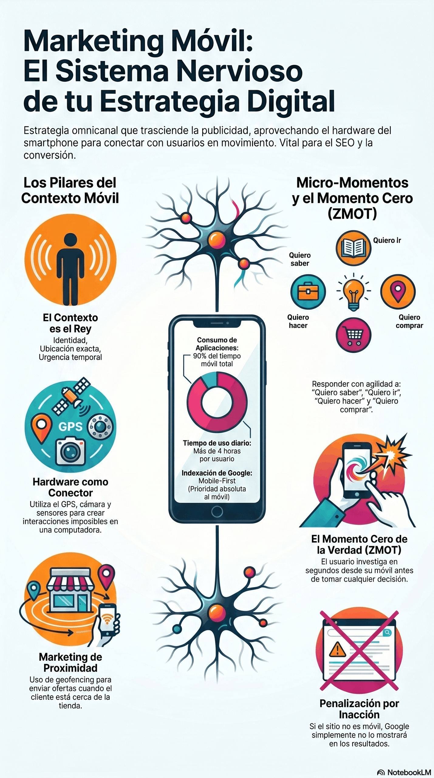 Infografía sobre Marketing Móvil y Estrategia Digital que explica el contexto móvil, los micro-momentos, el uso de hardware del smartphone, el marketing de proximidad, el momento cero de la verdad y la importancia del enfoque mobile-first para SEO y conversión.