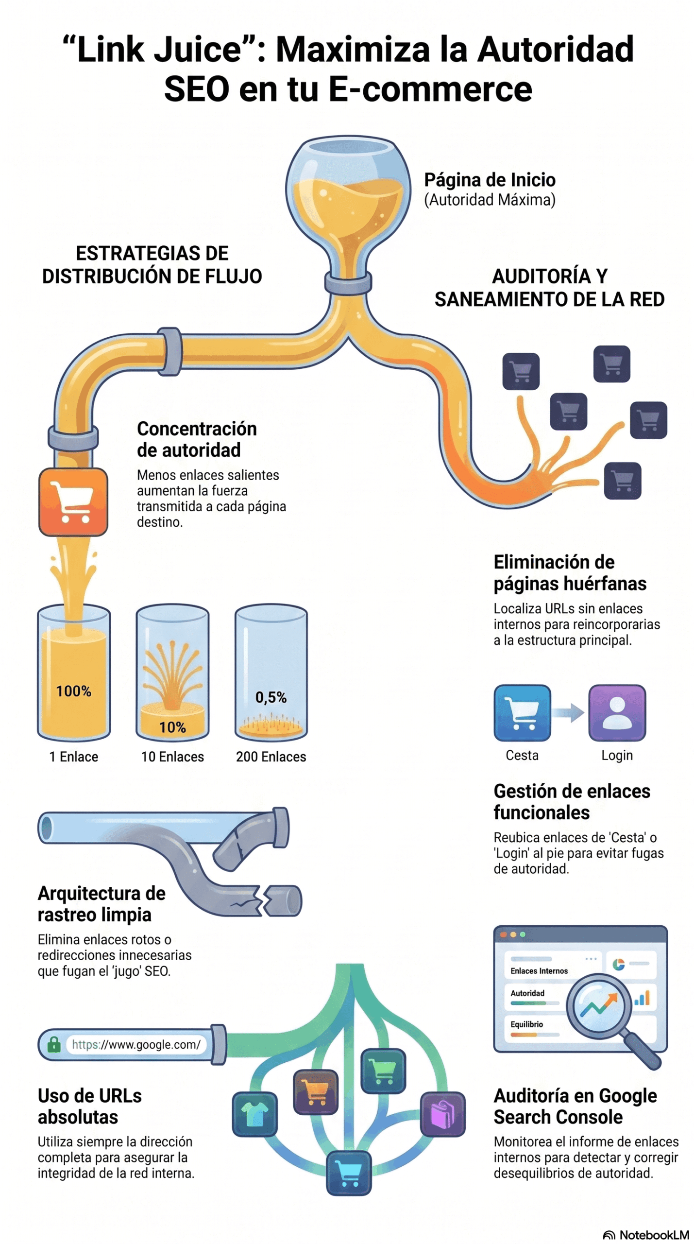 Infografía "Maximiza Autoridad SEO E-commerce" que muestra estrategias de distribución de link juice para e-commerce, incluyendo concentración de autoridad, auditoría y saneamiento de la red, eliminación de páginas huérfanas, arquitectura de rastreo limpia, uso de URLs absolutas y auditoría con Google Search Console.