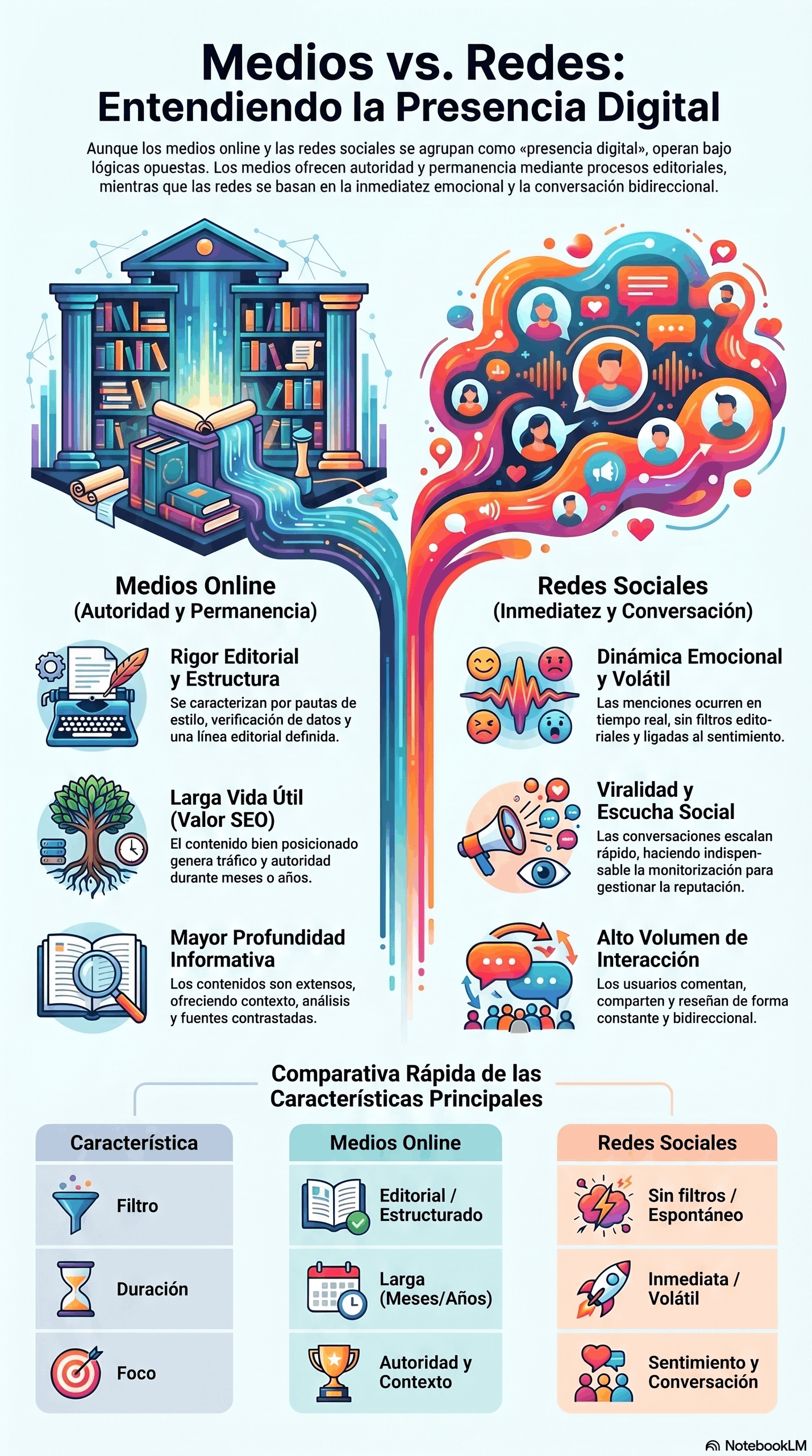 Infografía sobre Medios vs. Redes: Presencia Digital, que compara medios online y redes sociales en autoridad, permanencia, inmediatez, conversación, SEO e interacción.
