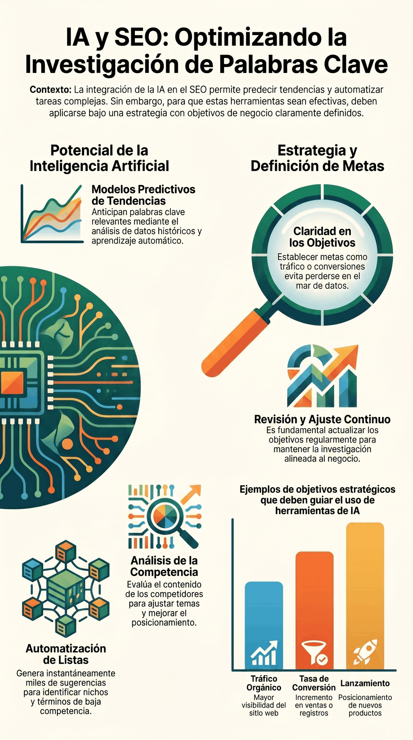 Optimización SEO con Inteligencia Artificial aplicada a la investigación de palabras clave, con análisis de competencia, automatización de listas y definición de metas estratégicas.