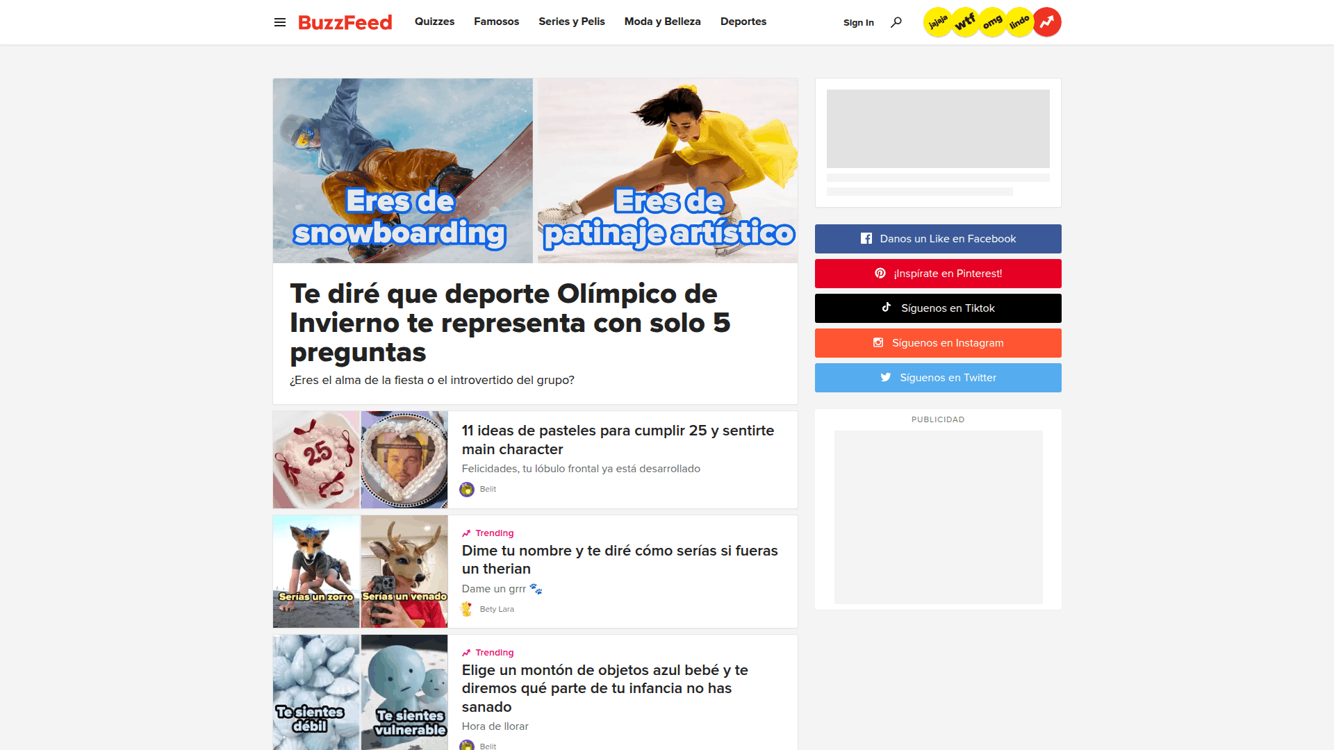 Captura de pantalla de BuzzFeed con un test de deportes olímpicos y miniaturas de artículos virales sobre pasteles y personalidades.