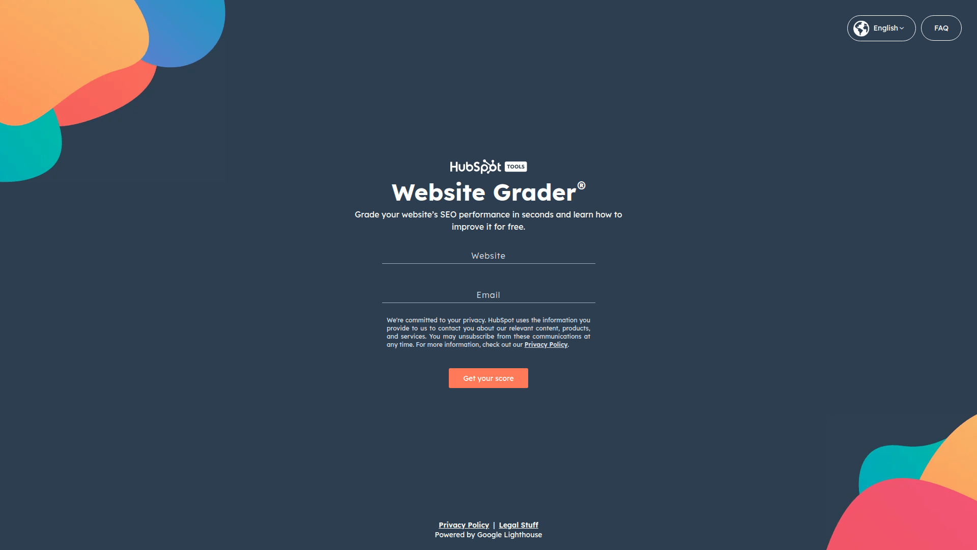 Formulario de HubSpot Website Grader para analizar el rendimiento SEO, con campos para sitio web y correo electrónico.